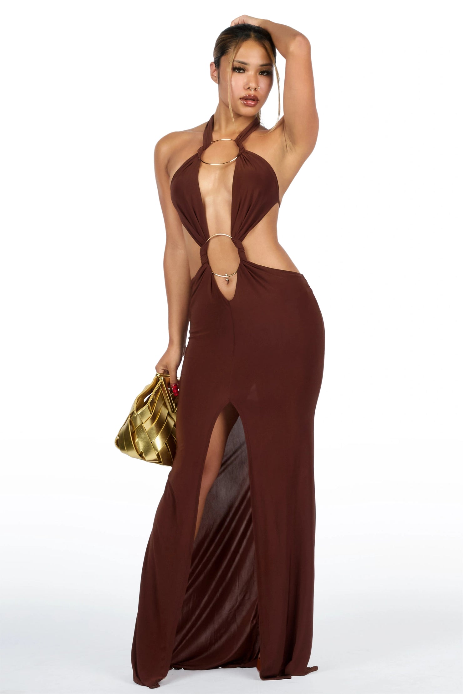 Two-Ring Chocolate Maxi Cut-Out Dress