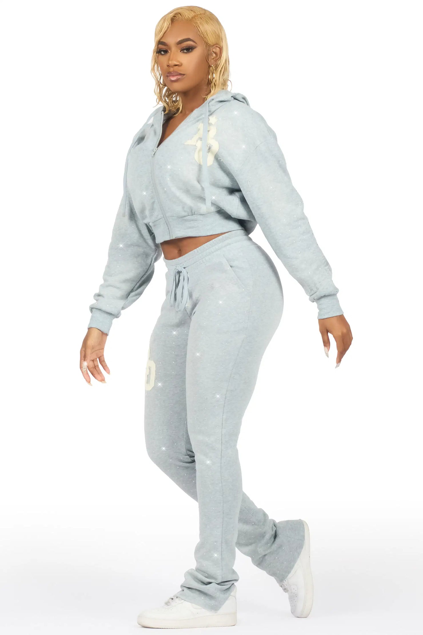 Tyona Heather Grey Rhinestone Stacked Flare Track Set