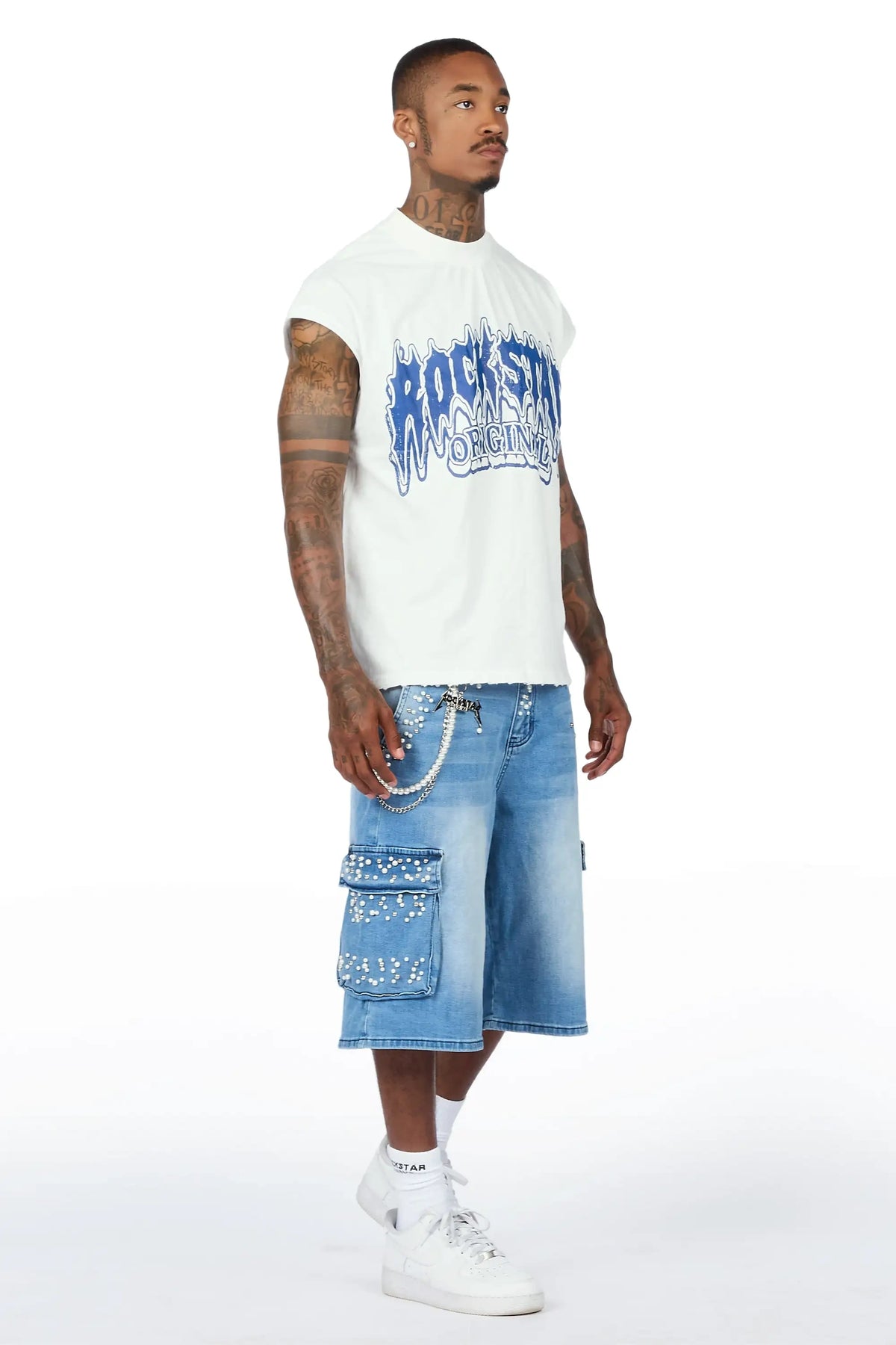 Teo Blue Rhinestone Cut Sleeve T-Shirt Denim Jort Set