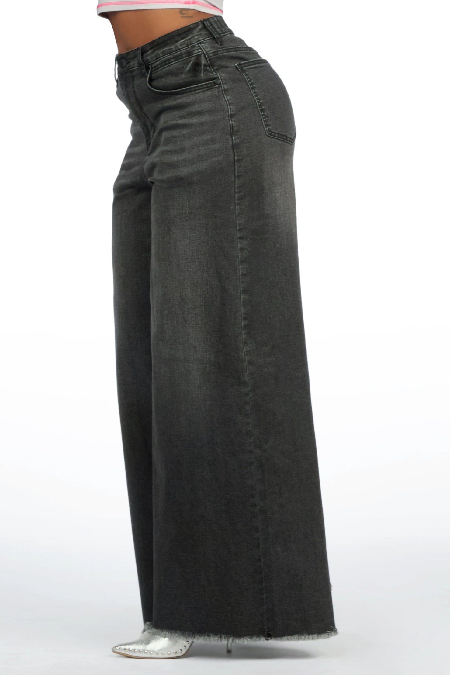 Cegaria Grey Wash High Rise Elastic Back Stretch Baggy Jean