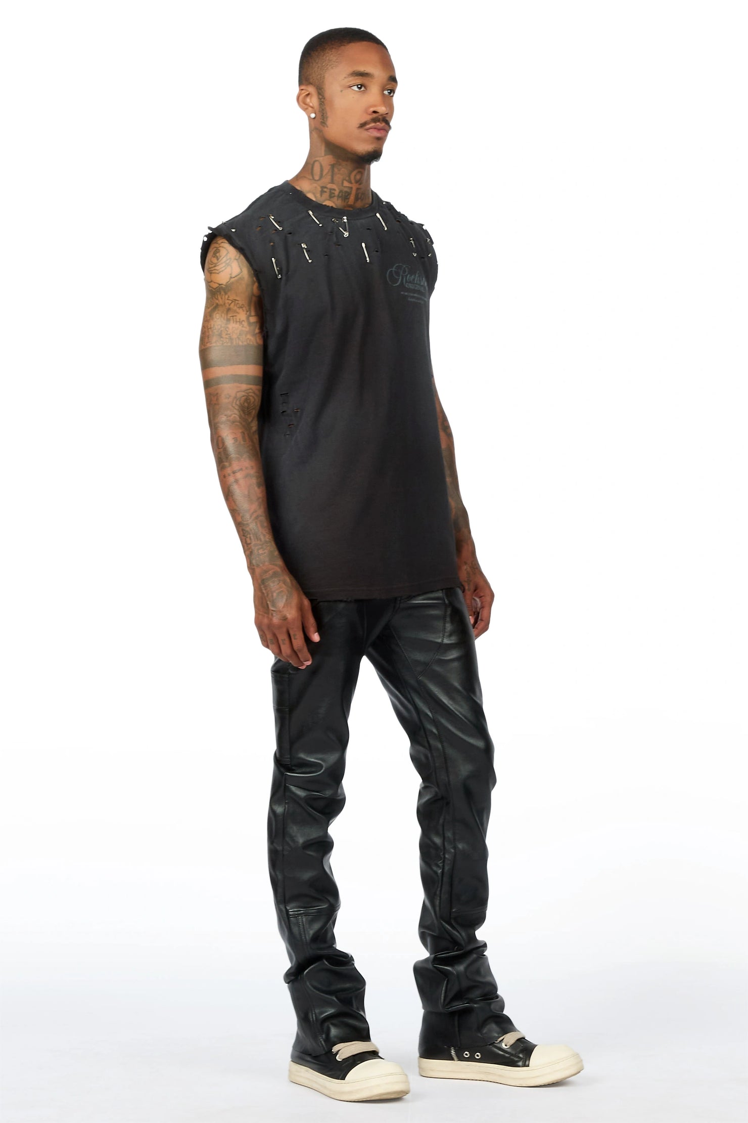 Yozi Black Cut Sleeve T-Shirt & Quatz Leather Stacked Flare Jean