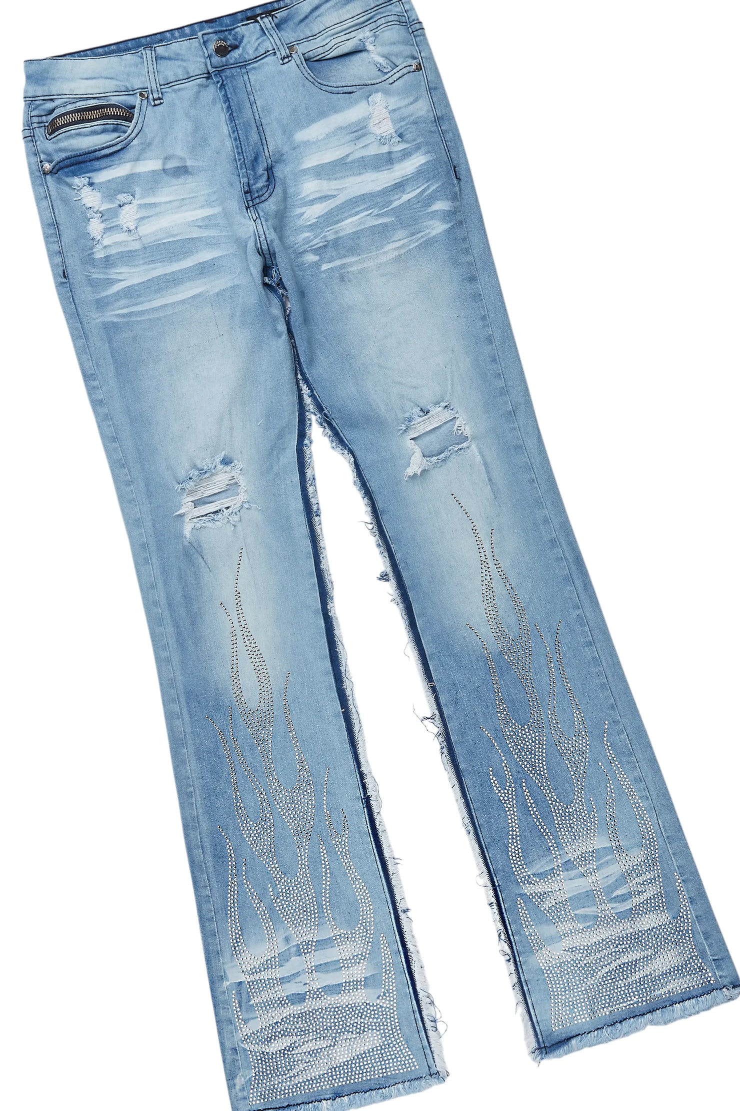 Amos White/Blue Rhinestone Long Sleeve T-Shirt/Stacked Flare Jean Set