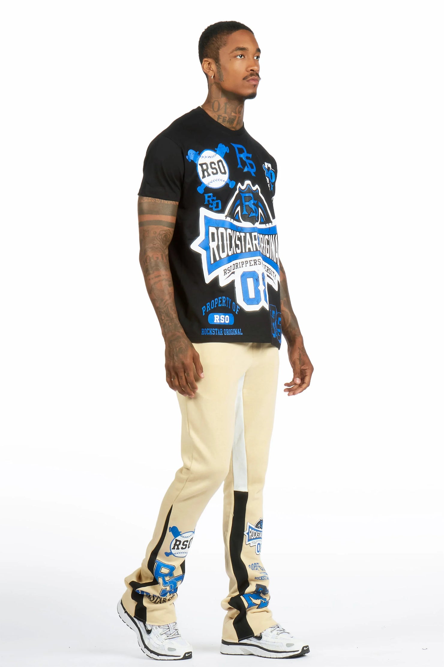 Mavrix Black/Beige T-shirt/Stacked Flare Track Pant Set