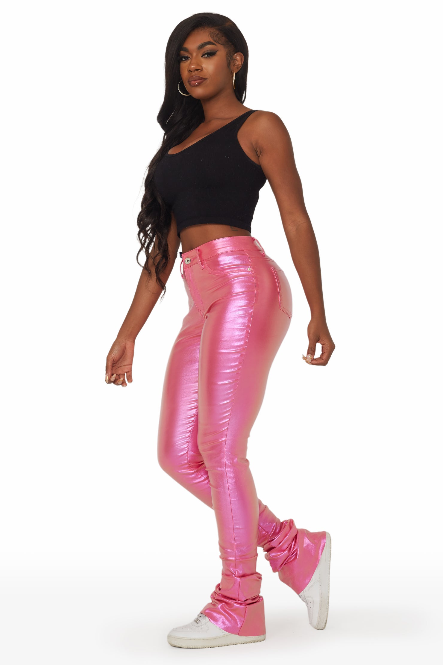 Zaniyah Metallic Pink PU Super Stacked Pant