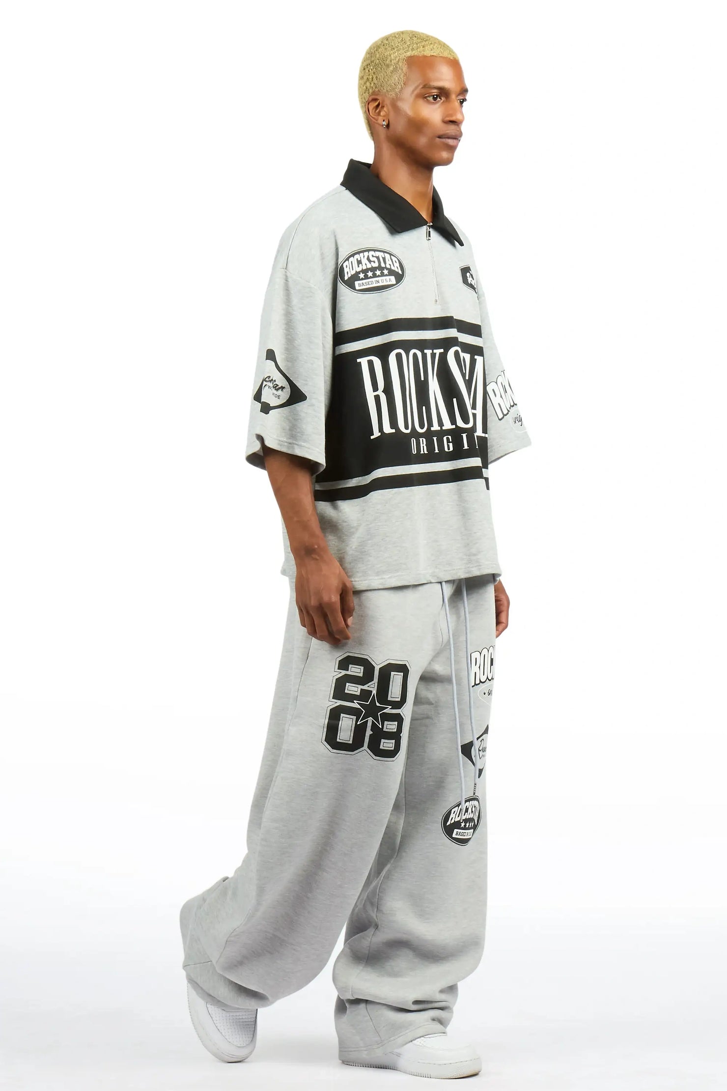 Verseny Heather Grey 1/4 Zip Crop Boxy Tee Fleece /Barrel Fit Set Track Set