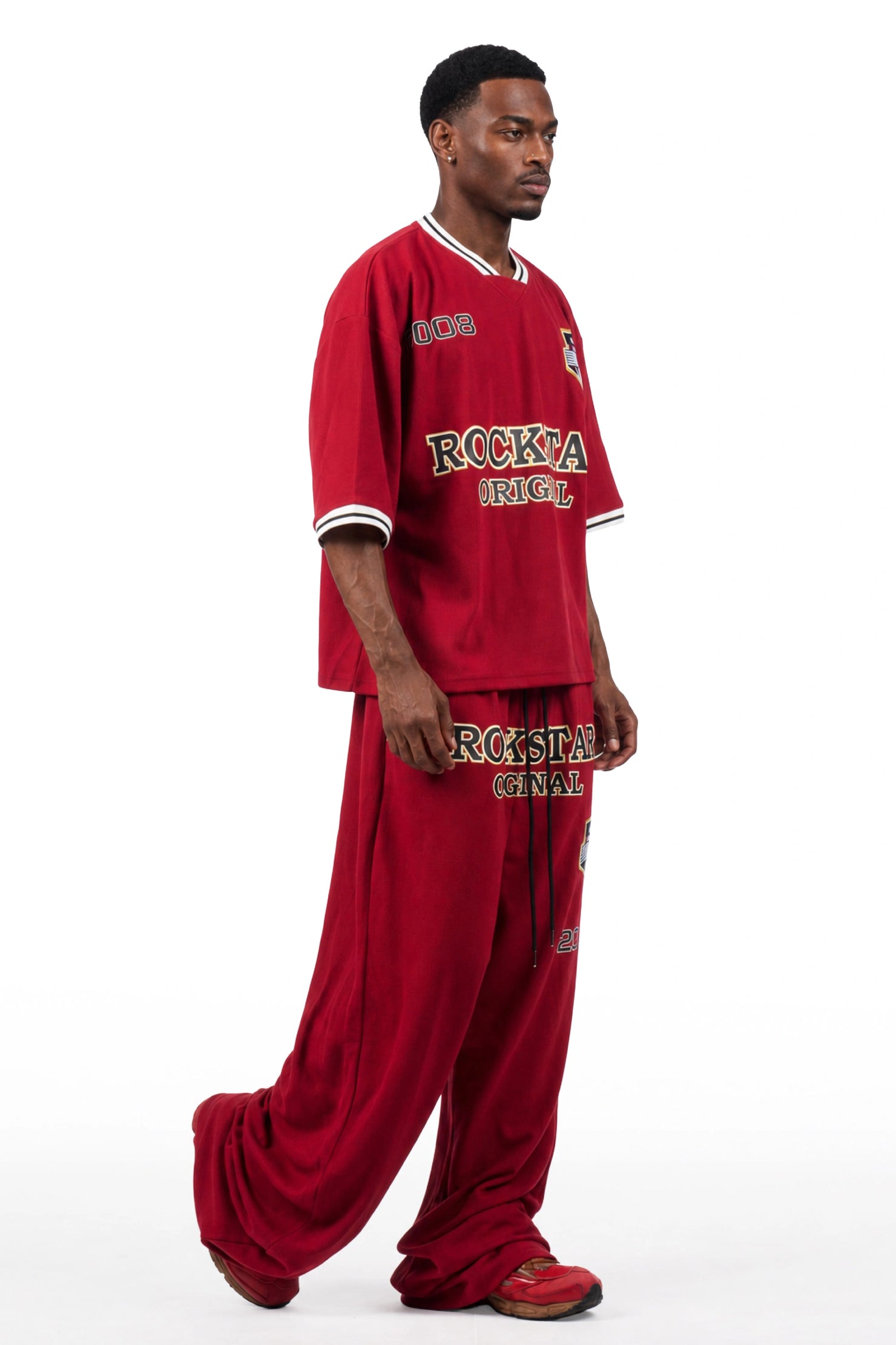 Ezel Red Crop Boxy Tee/Barrel Fit Track Set
