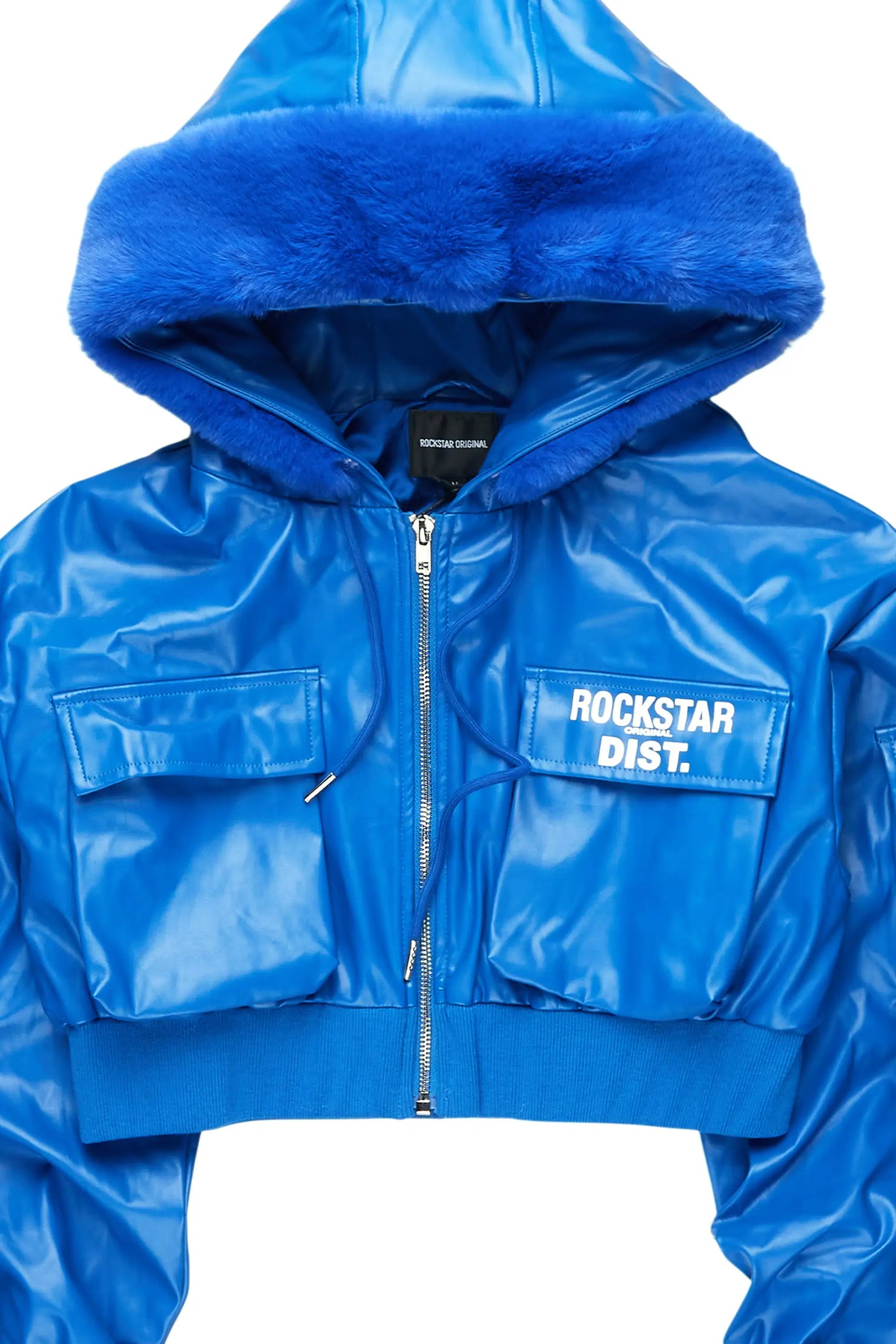 Amyia Royal Blue PU Jacket With Fur Hood