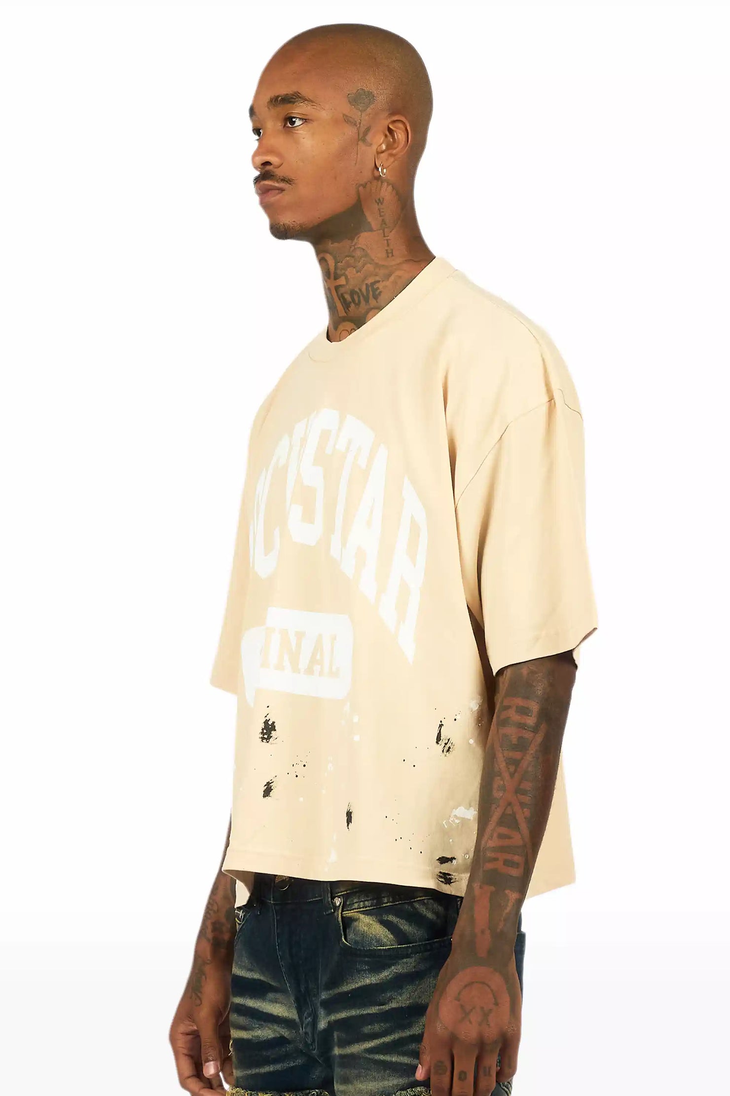 Rainer Beige/White Boxy Crop T-Shirt