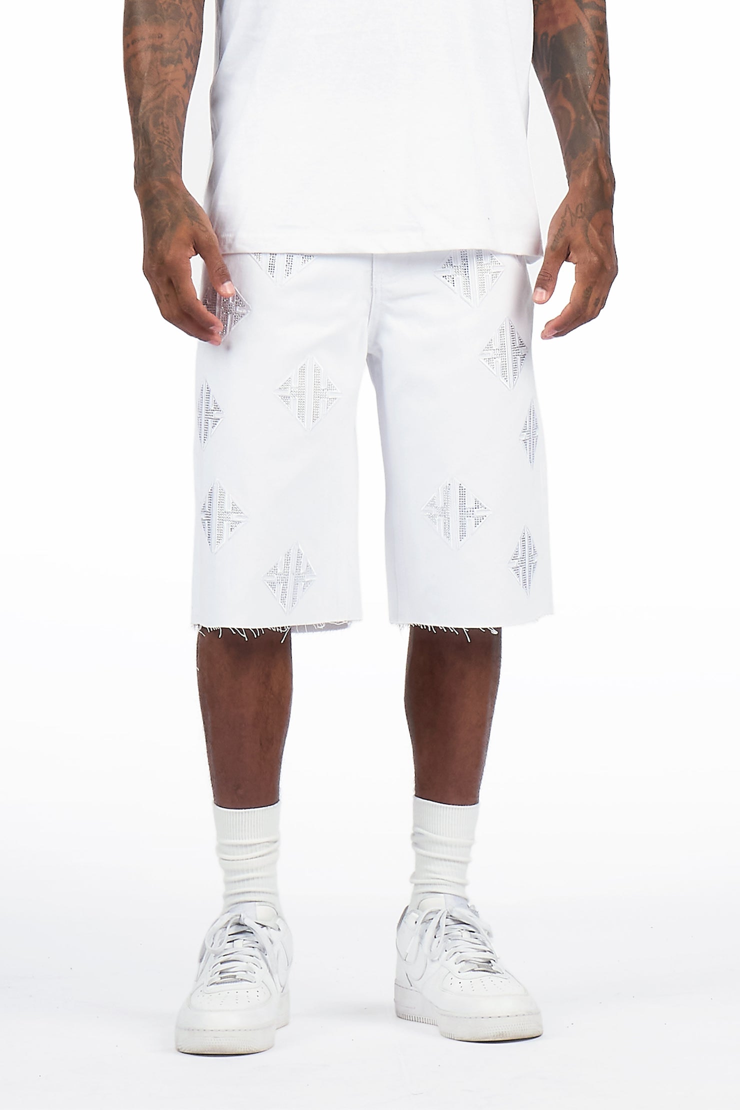 Chelot White Rhinestones Denim Short