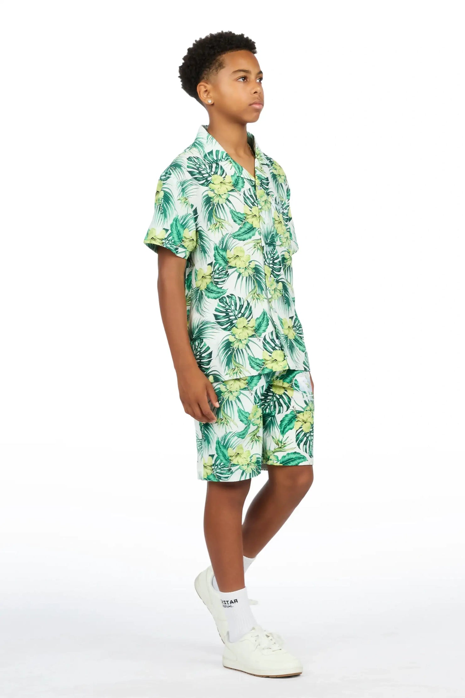 Boys Puka Cream/Green Button Down Shirt/Short Set
