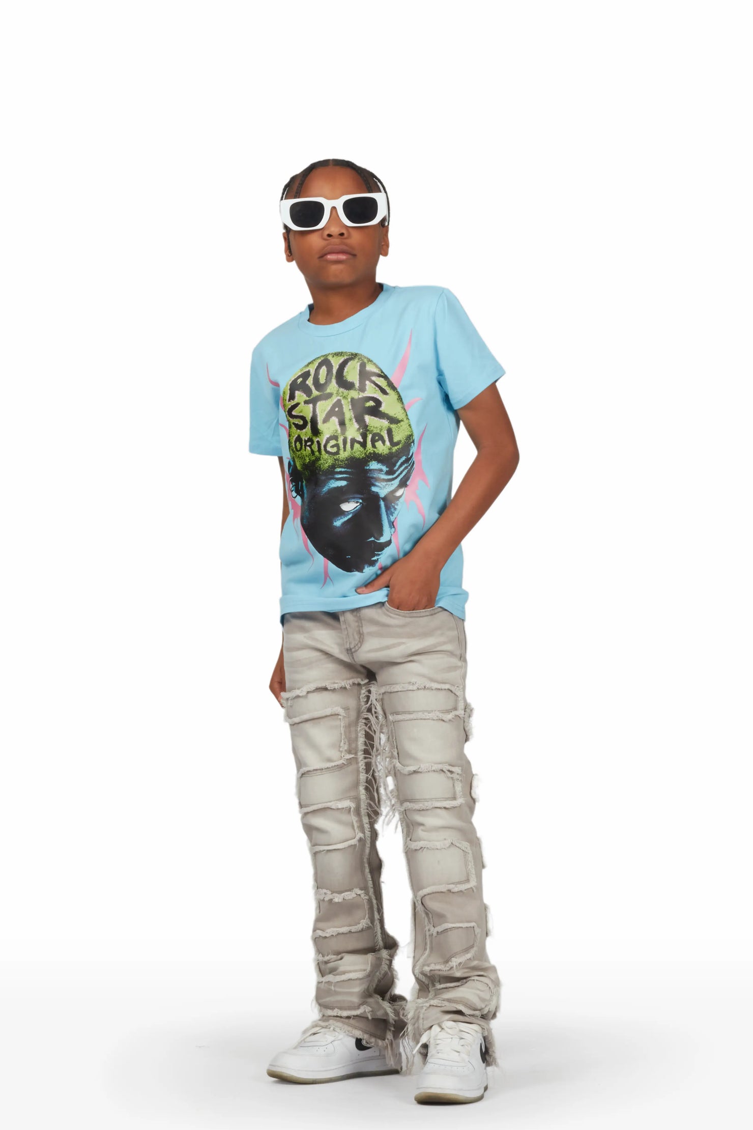 Boys Bronte Baby Blue T-Shirt/Stacked Flare Jean Set
