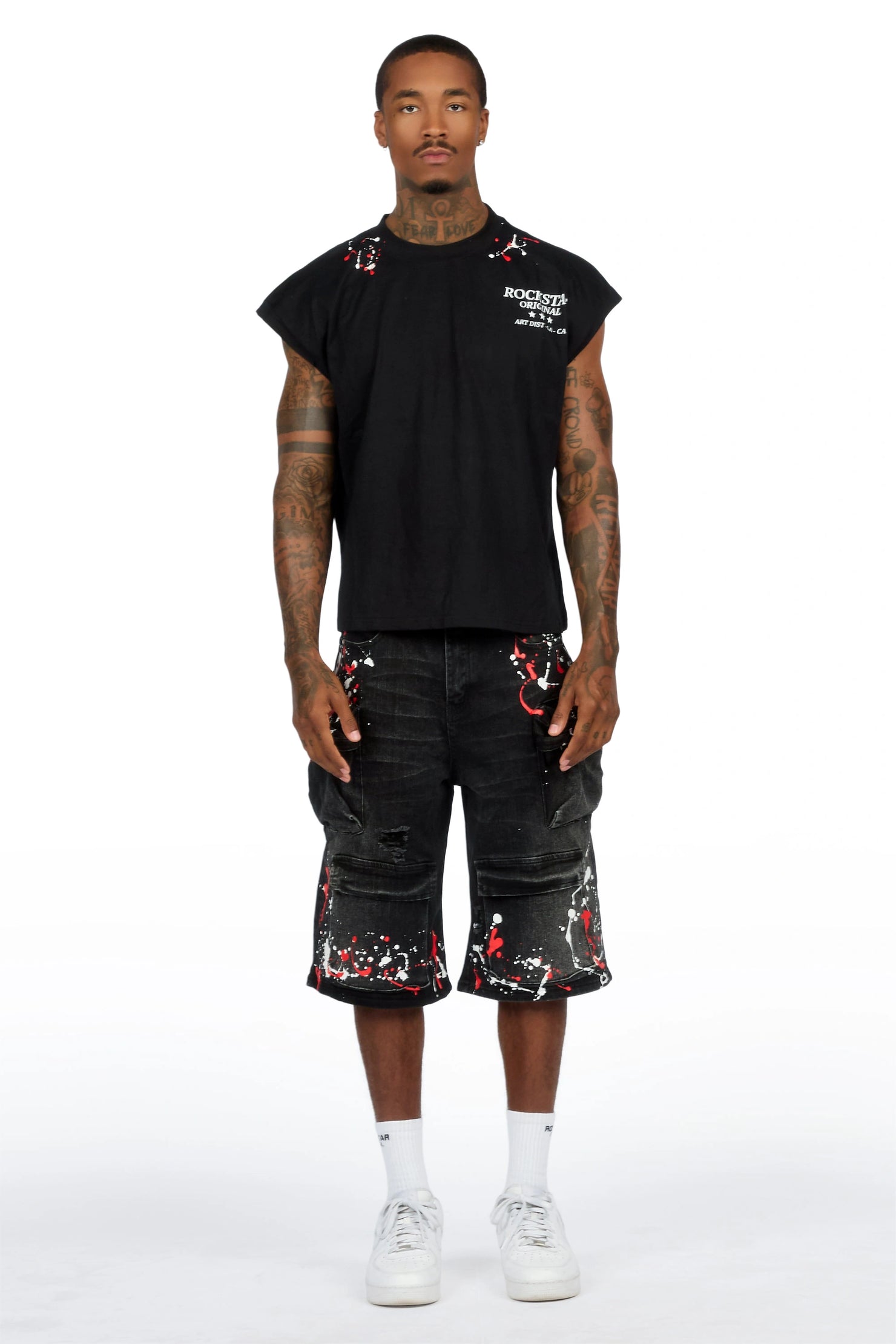 Saxon Black Graphic Cut Sleeve T-Shirt Denim Short Set