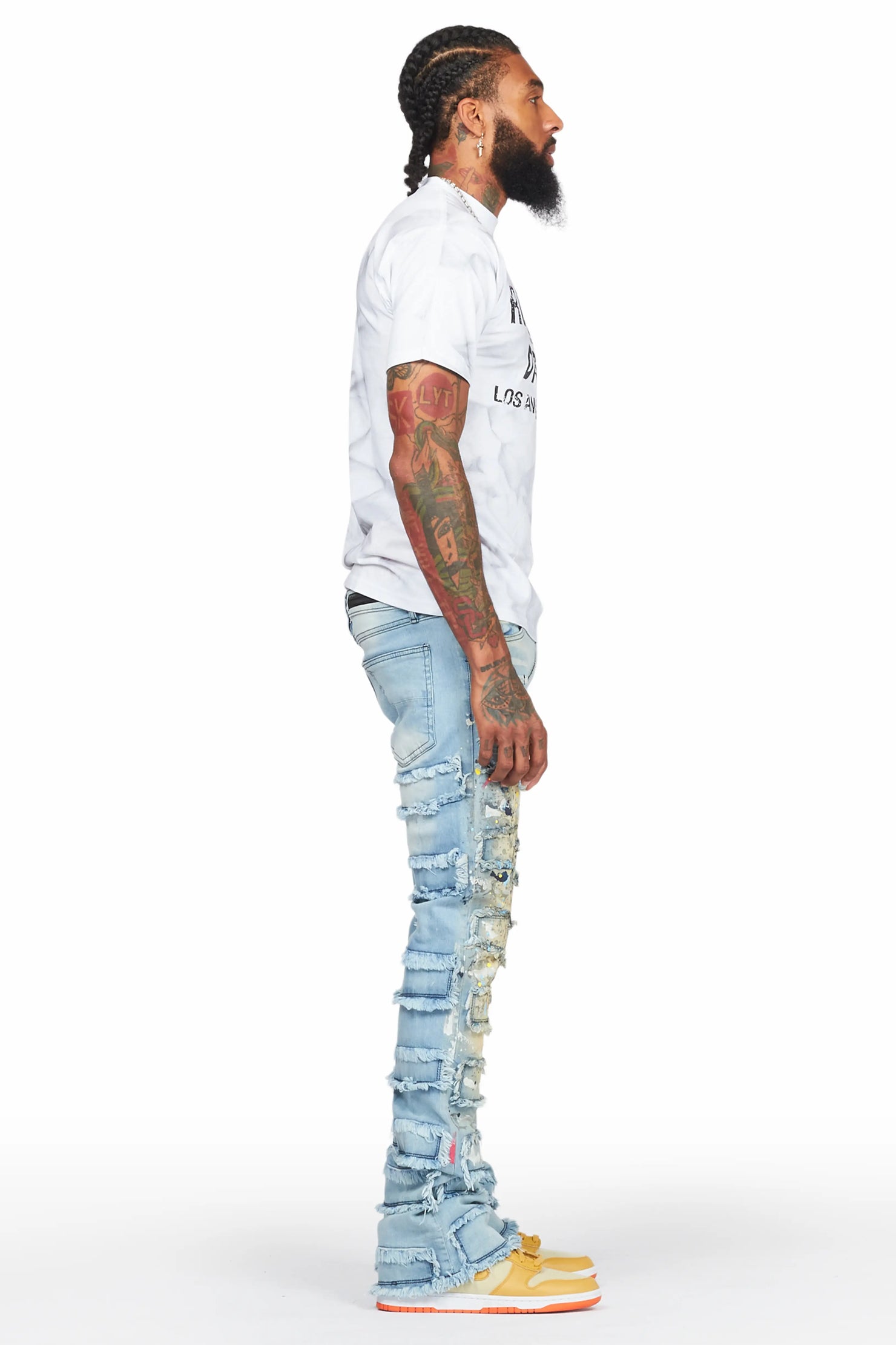 Qasim Blue Painter Stacked Flare Jean