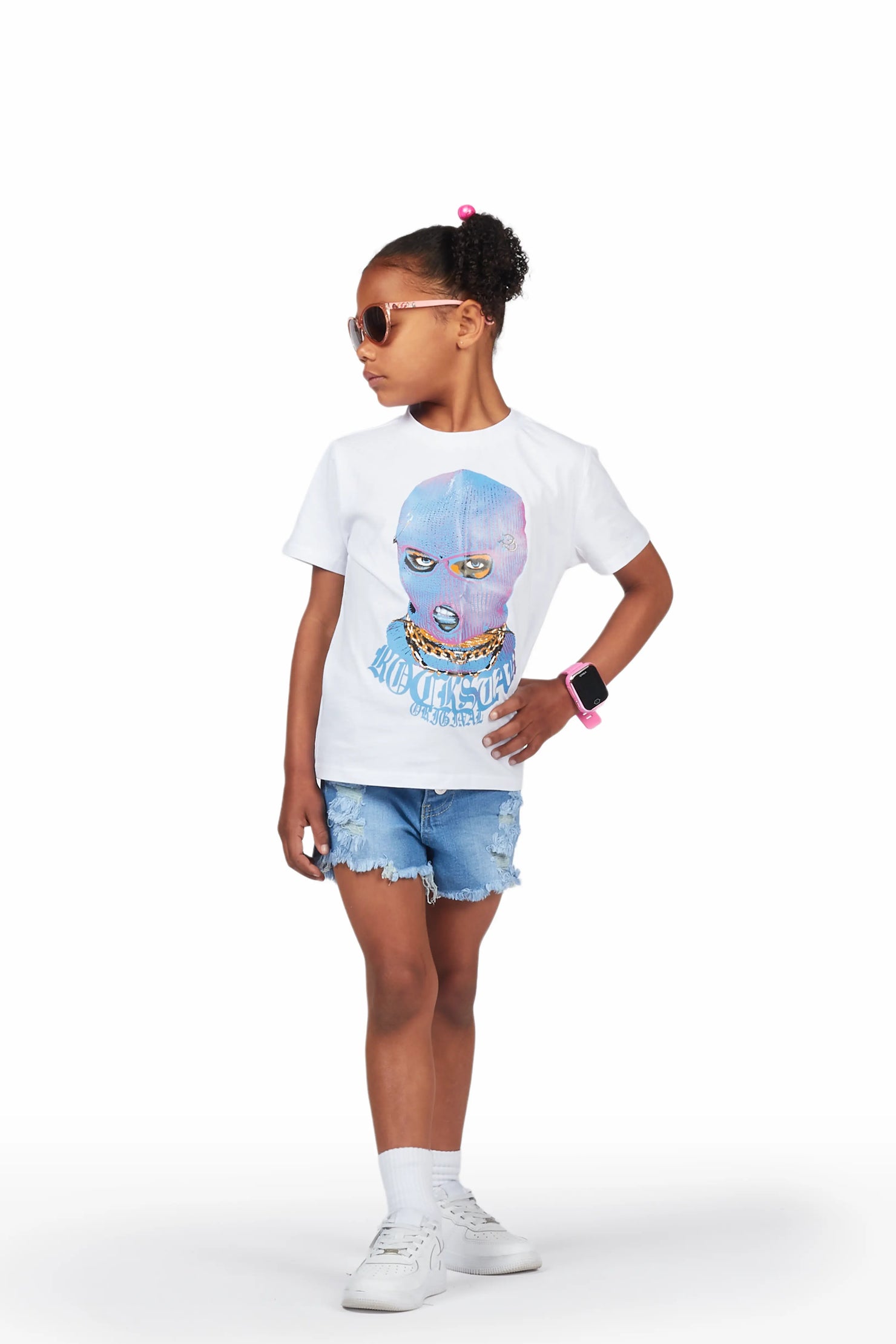 Girls Serilda White/Blue T-Shirt/Denim Short Set