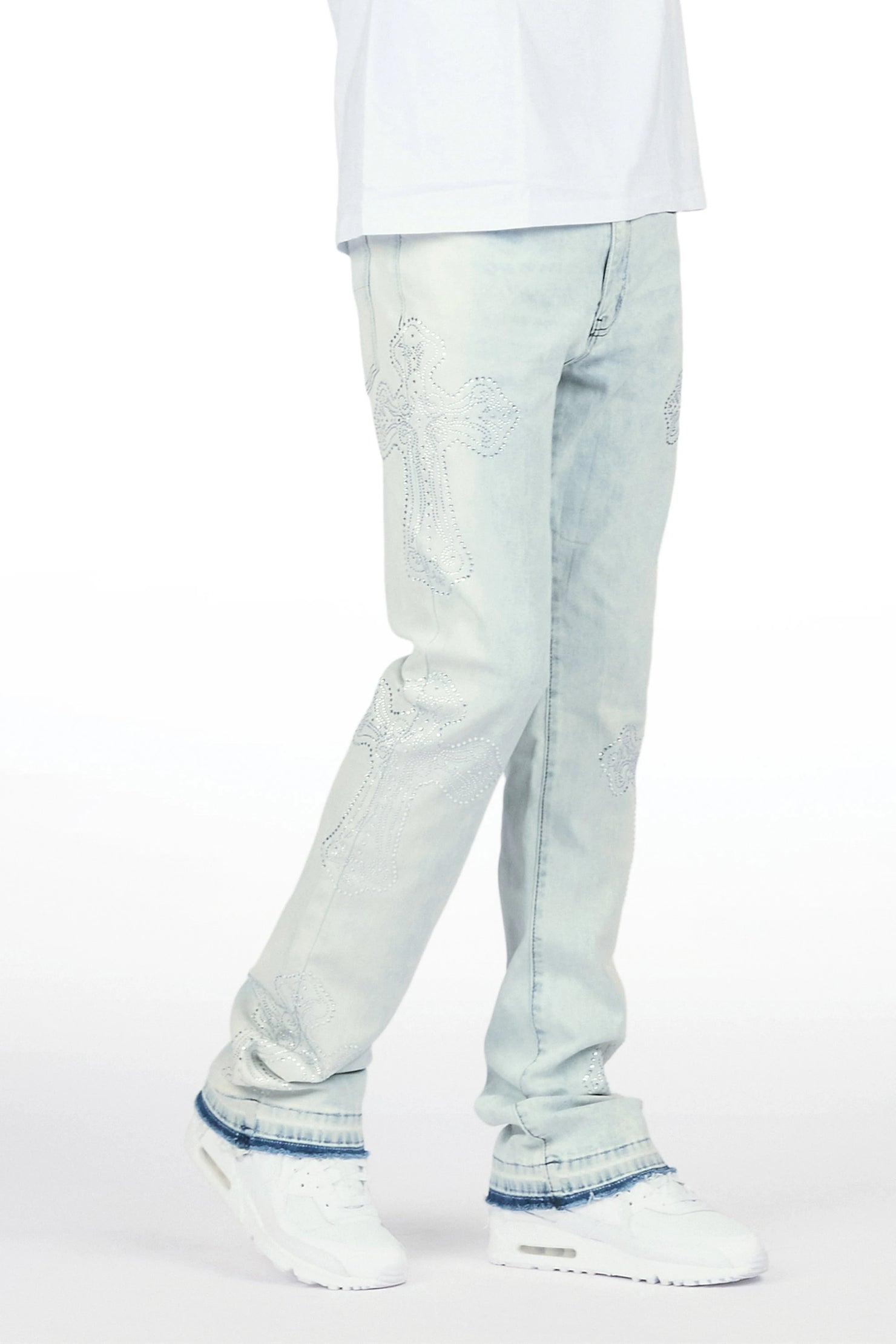 Reggie Light Blue Rhinestone Stacked Flare Jean