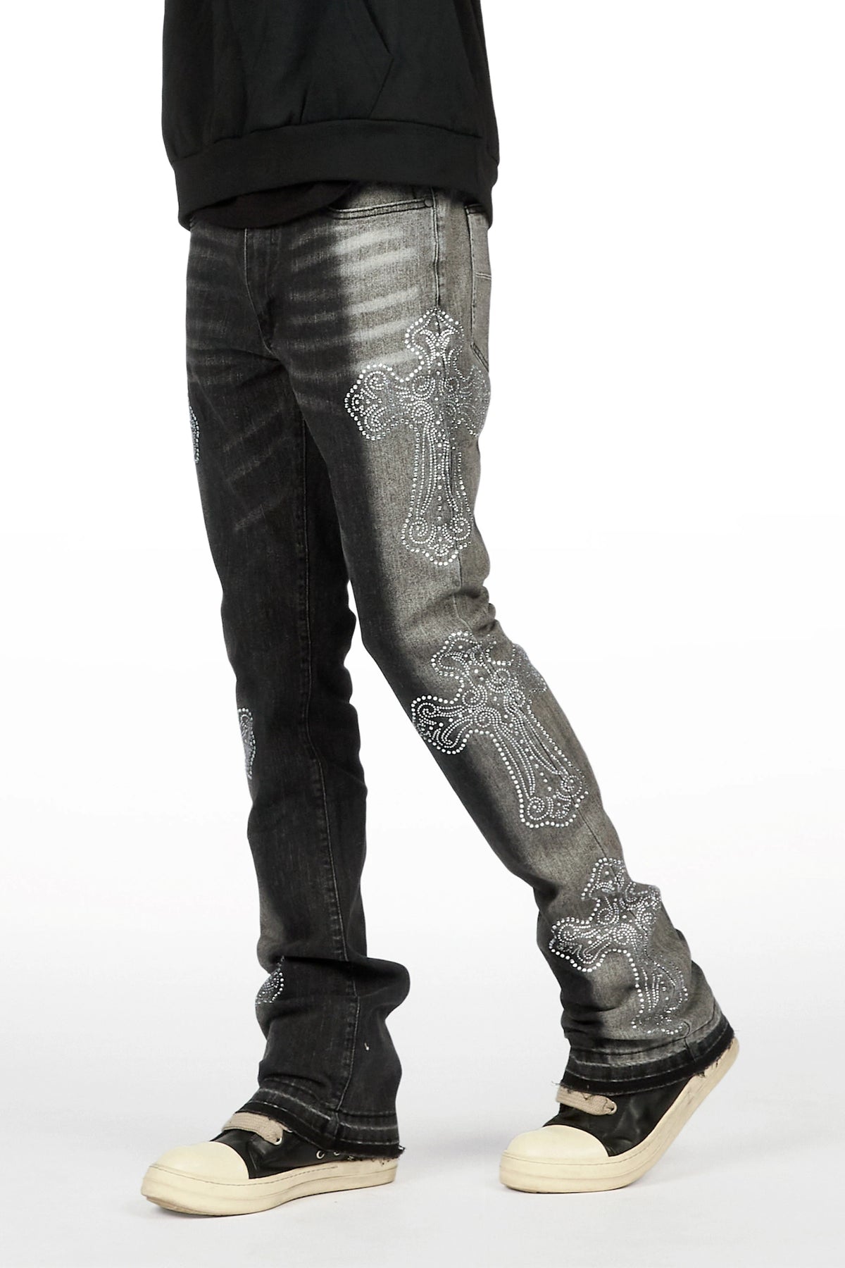 Reggie Dark Grey Rhinestone Stacked Flare Jean