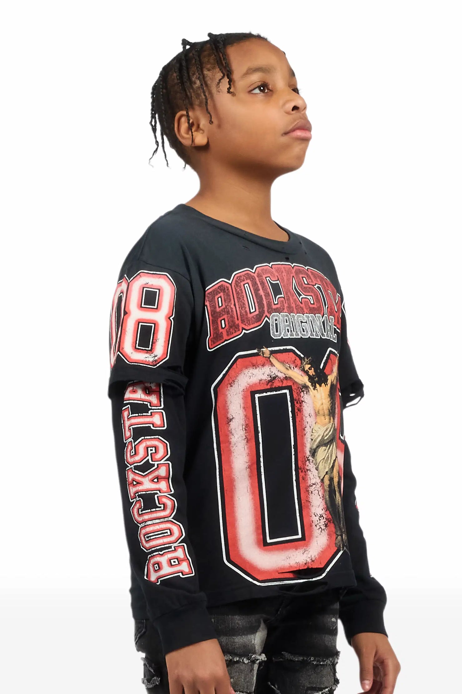 Boys Fields Black/Red Double Layer L/S Graphic T-Shirt