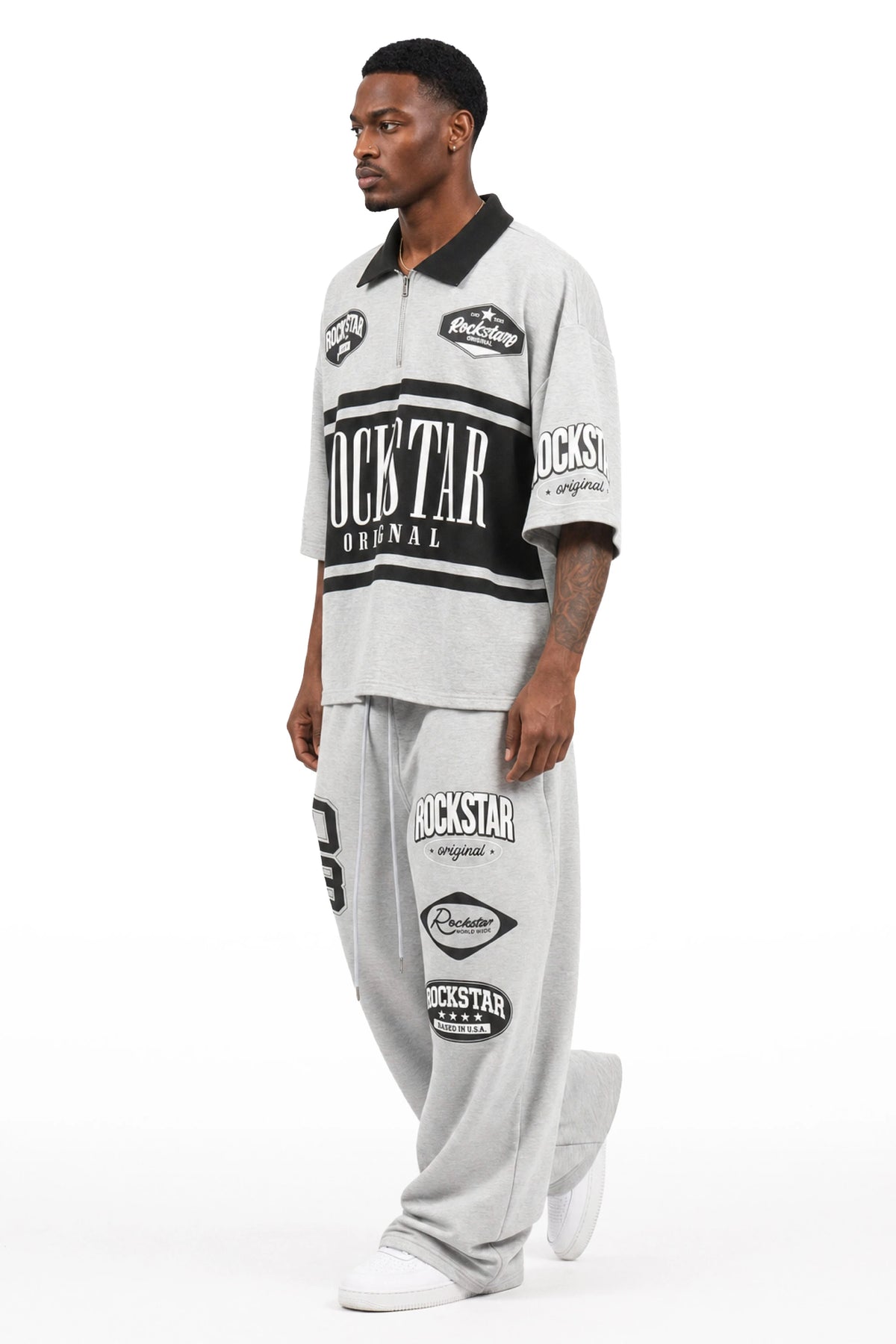 Verseny Heather Grey 1/4 Zip Crop Boxy Tee Fleece /Barrel Fit Track Set