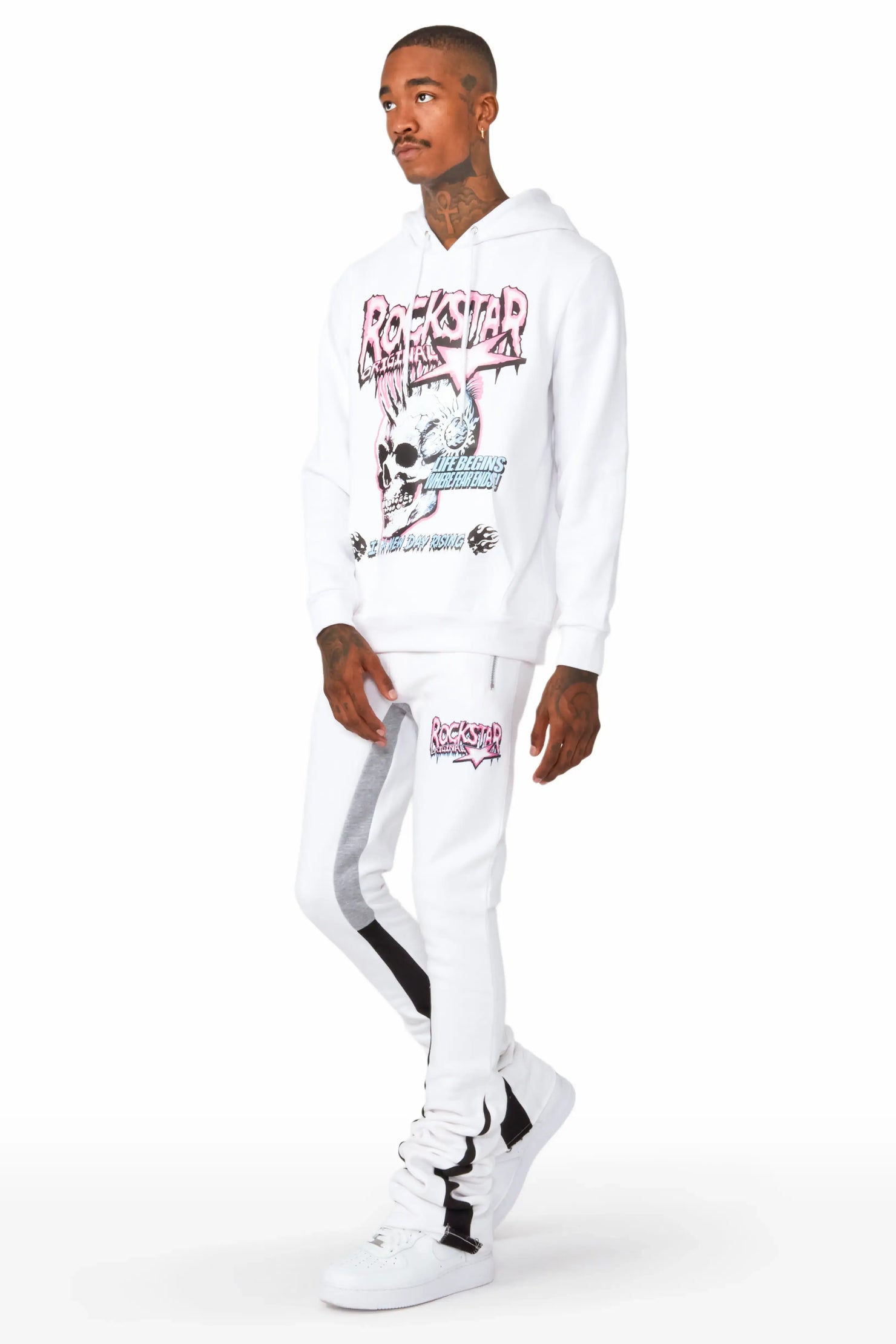 Gage White Hoodie/Super Stacked Flare Pant Track Set