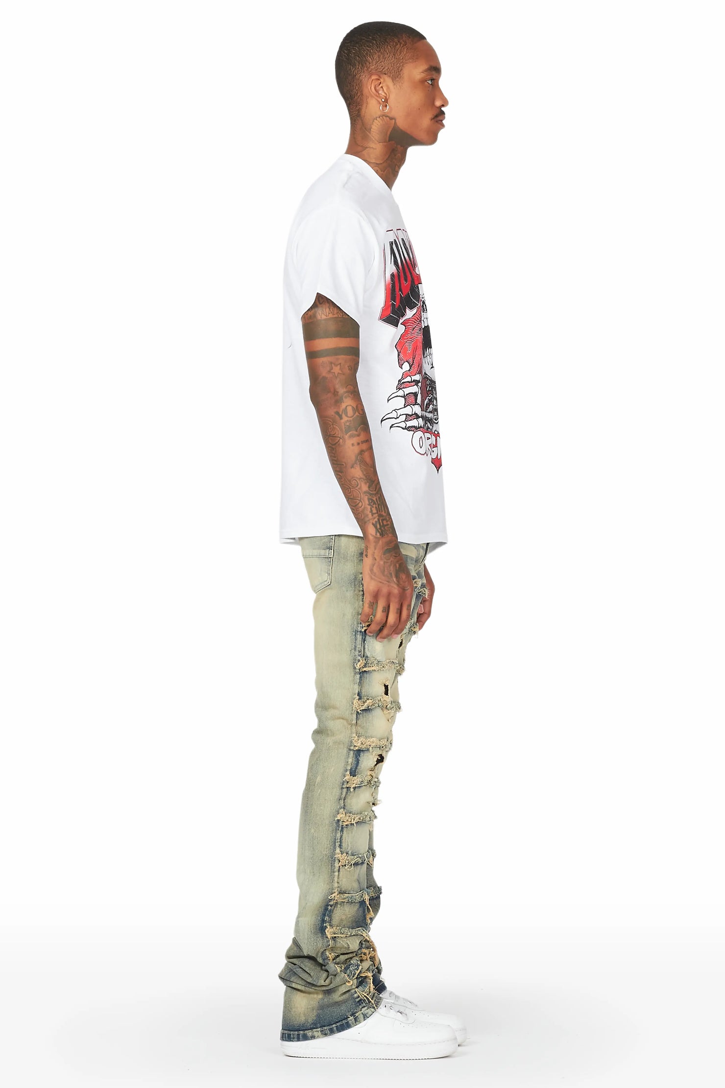 Waylon Rustic Blue Frayed Super Stacked Flare Jean