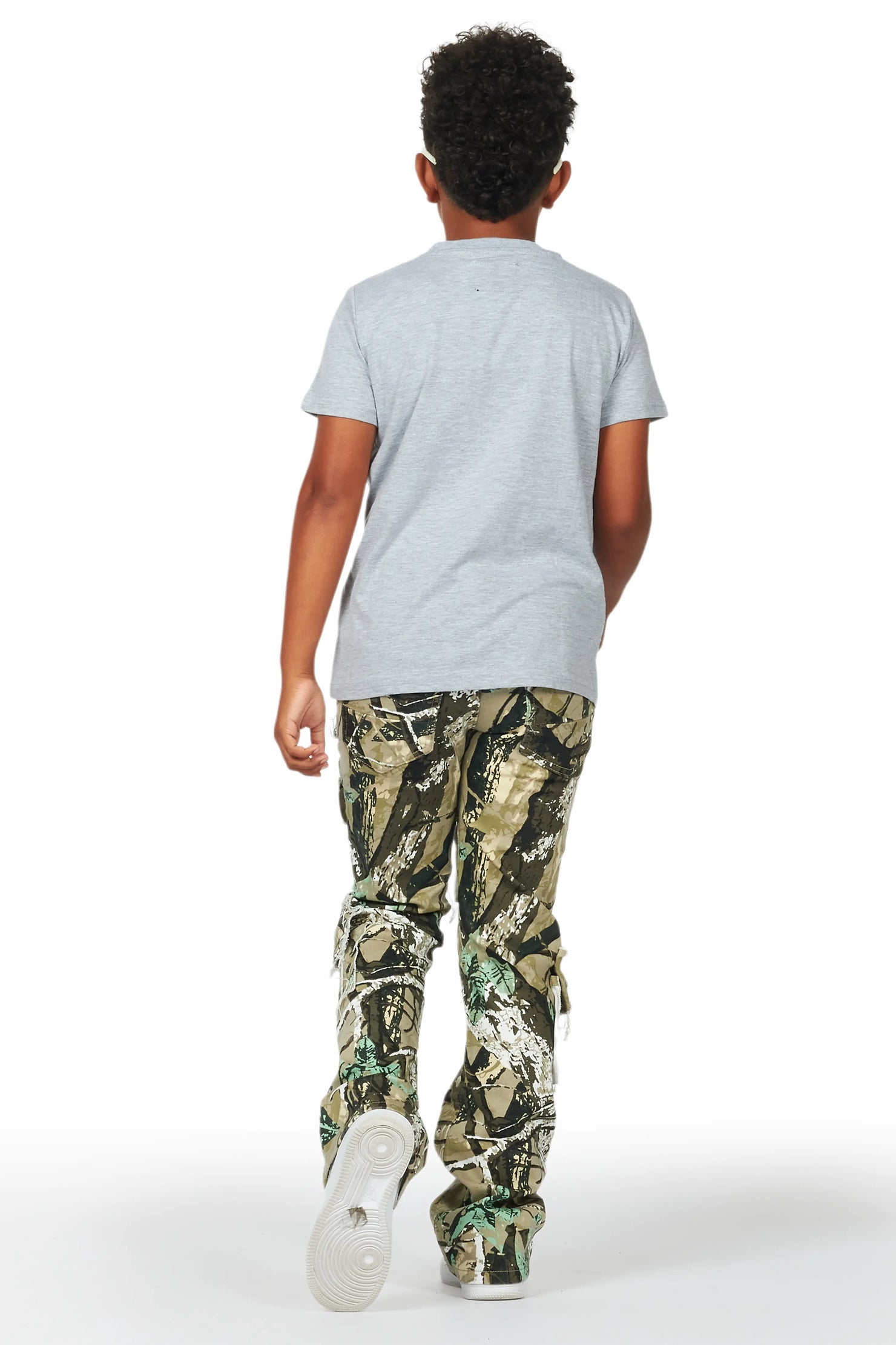 Boys Kyaire Grey/Tree Camo T-Shirt/Stacked Flare Jean Set