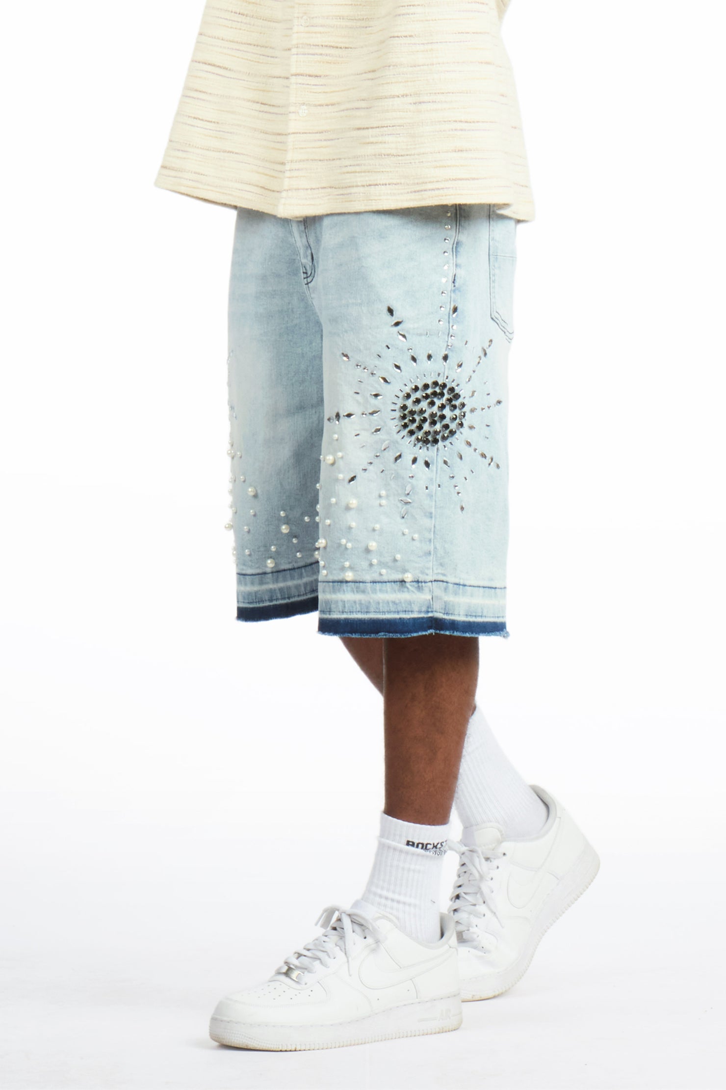 Tryst Light Blue Rhinestone Denim Short