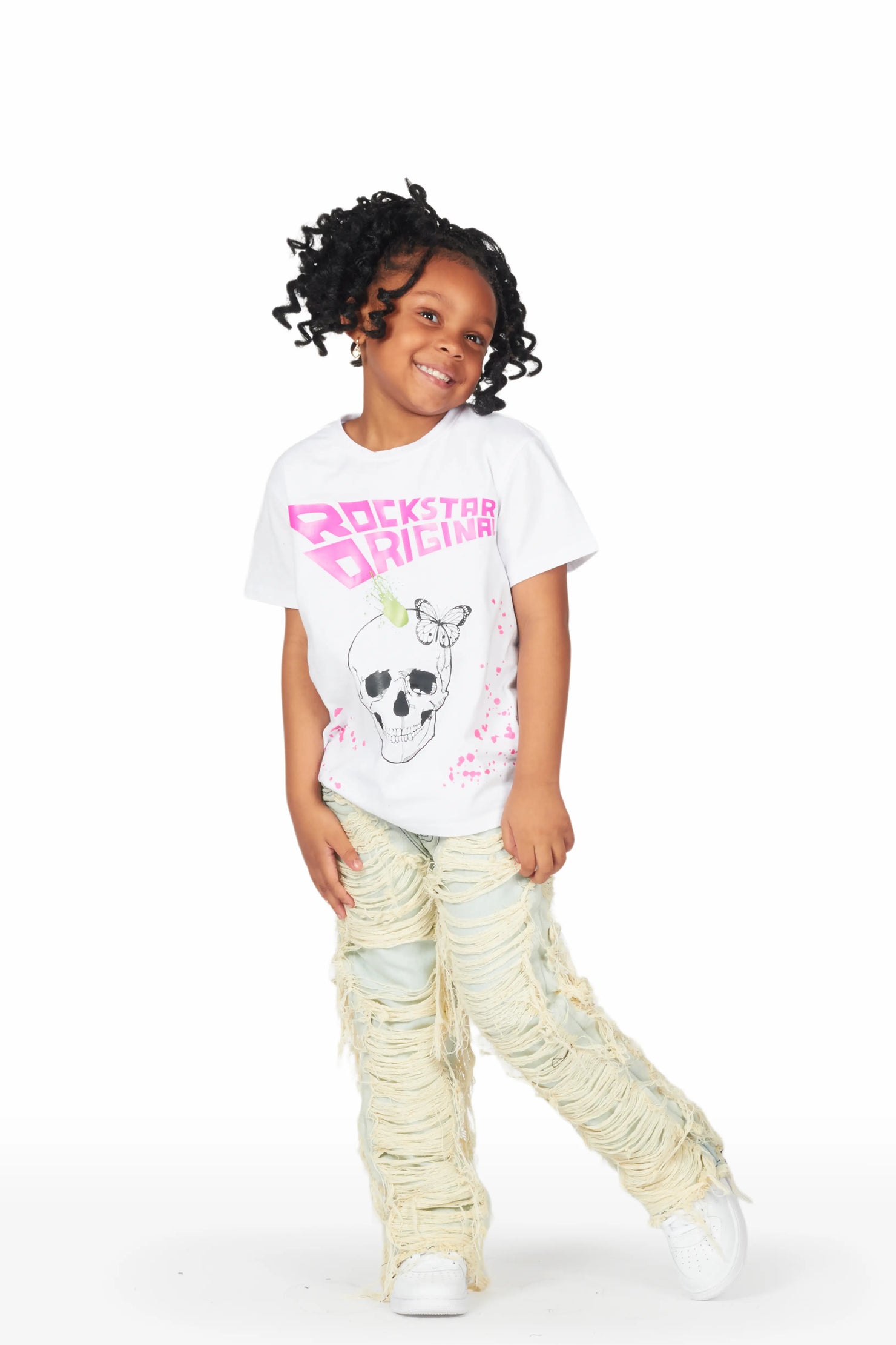 Girls Kaili White/Blue T-Shirt/Stacked Flare Jean Set