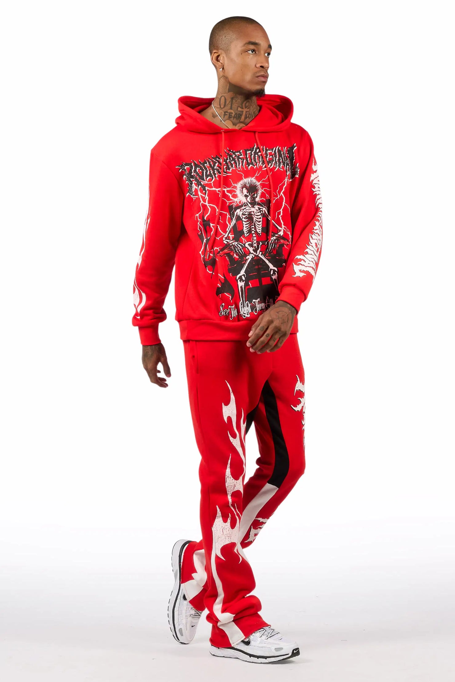 Deathrow Red/White Hoodie/Stacked Track Pant Set