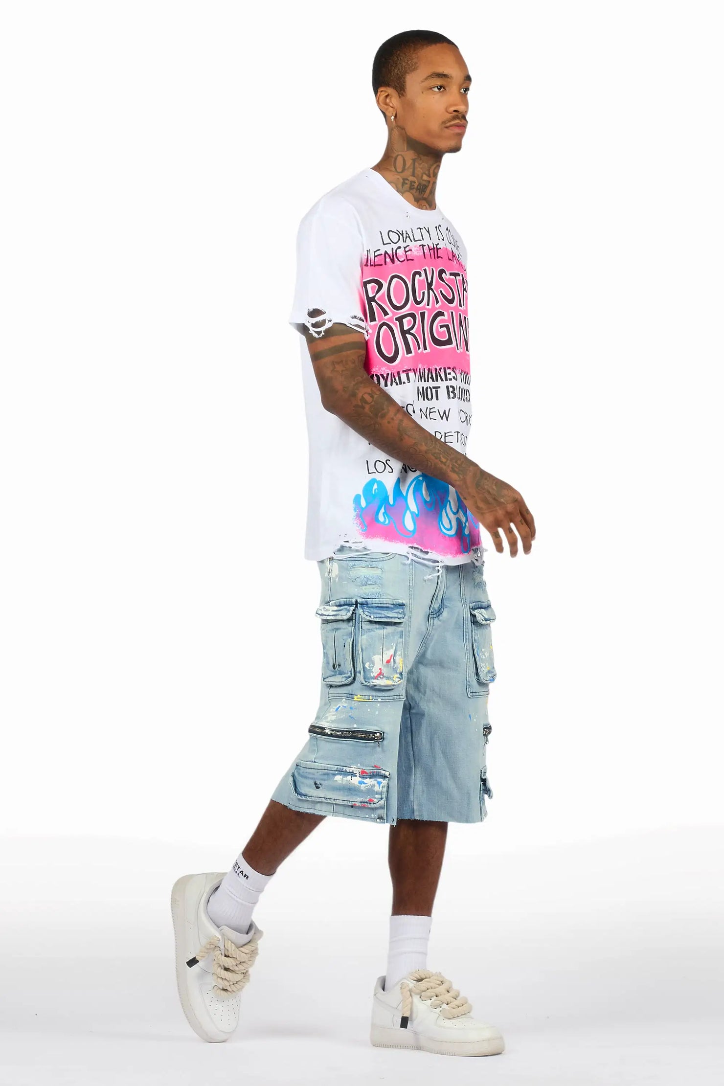 Beno White/Blue T-Shirt/Denim Short Set