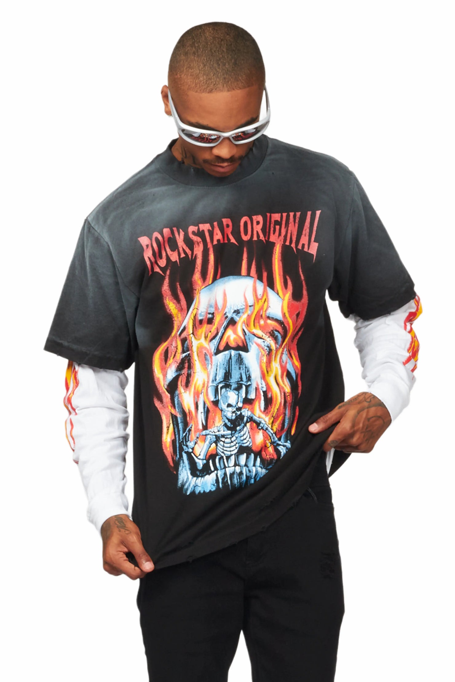 Suspect Black Double Layer Long Sleeve Graphic T-Shirt