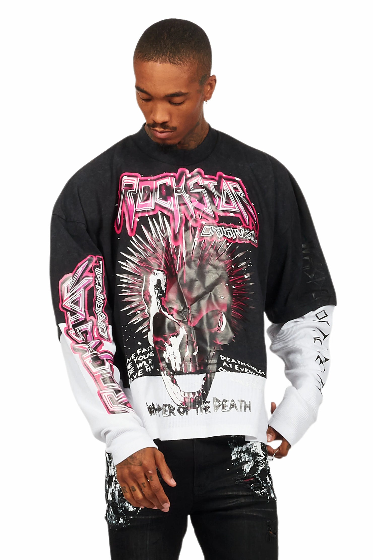 Cariel Vintage Black Thermal Double Layer Boxy Crop T-Shirt