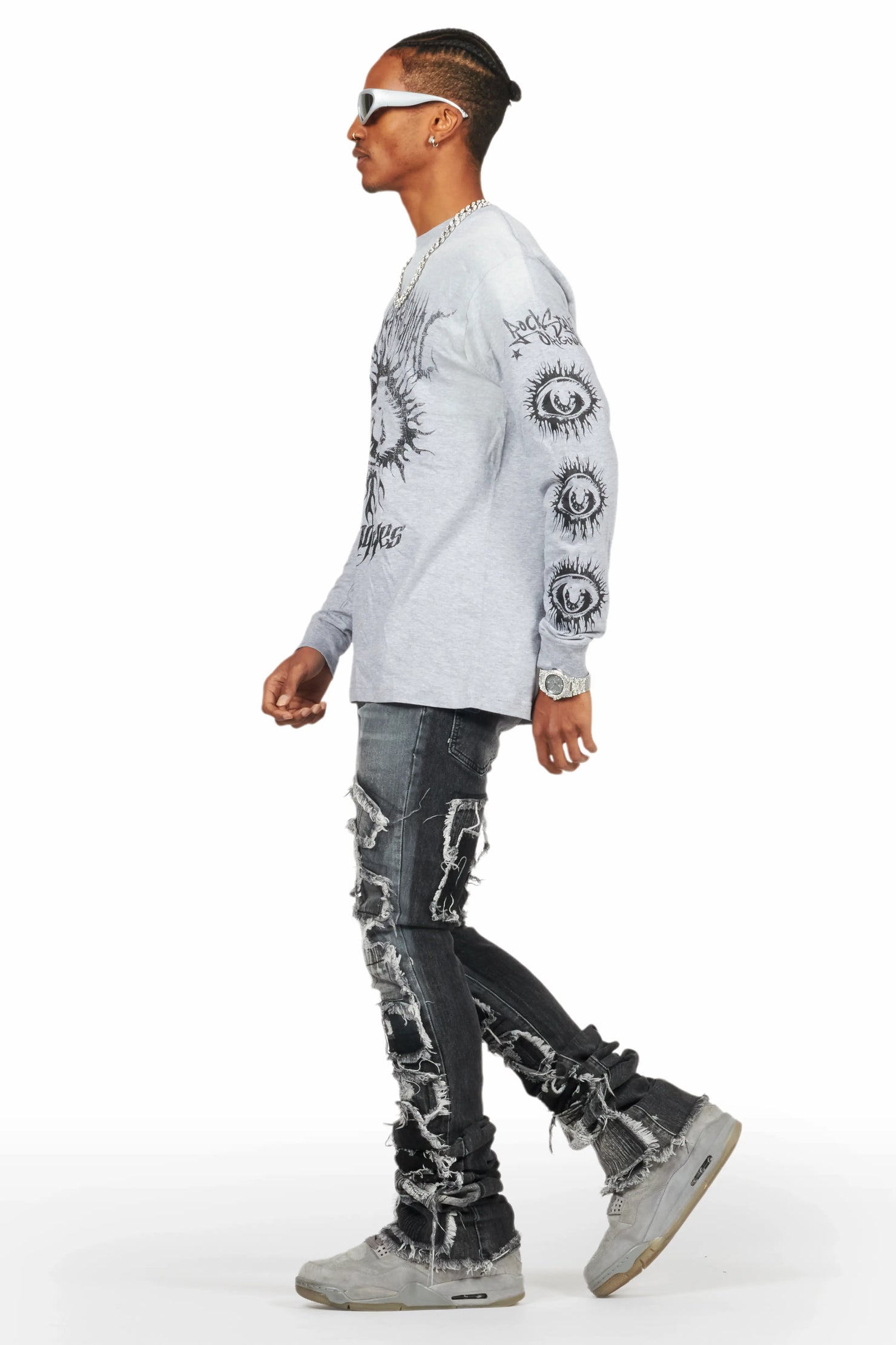 All Seeing Eyes Grey Long Sleeve T-Shirt/Super Stacked Flare Jean Bundle