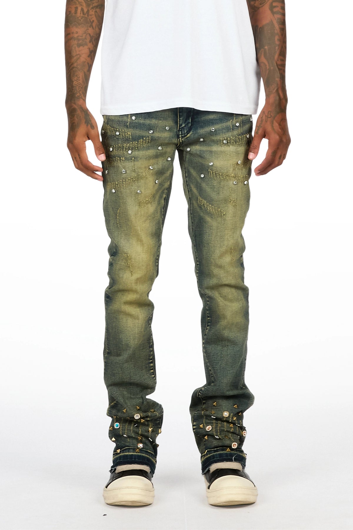 Kervin Dark Blue Rhinestone Stacked Jean
