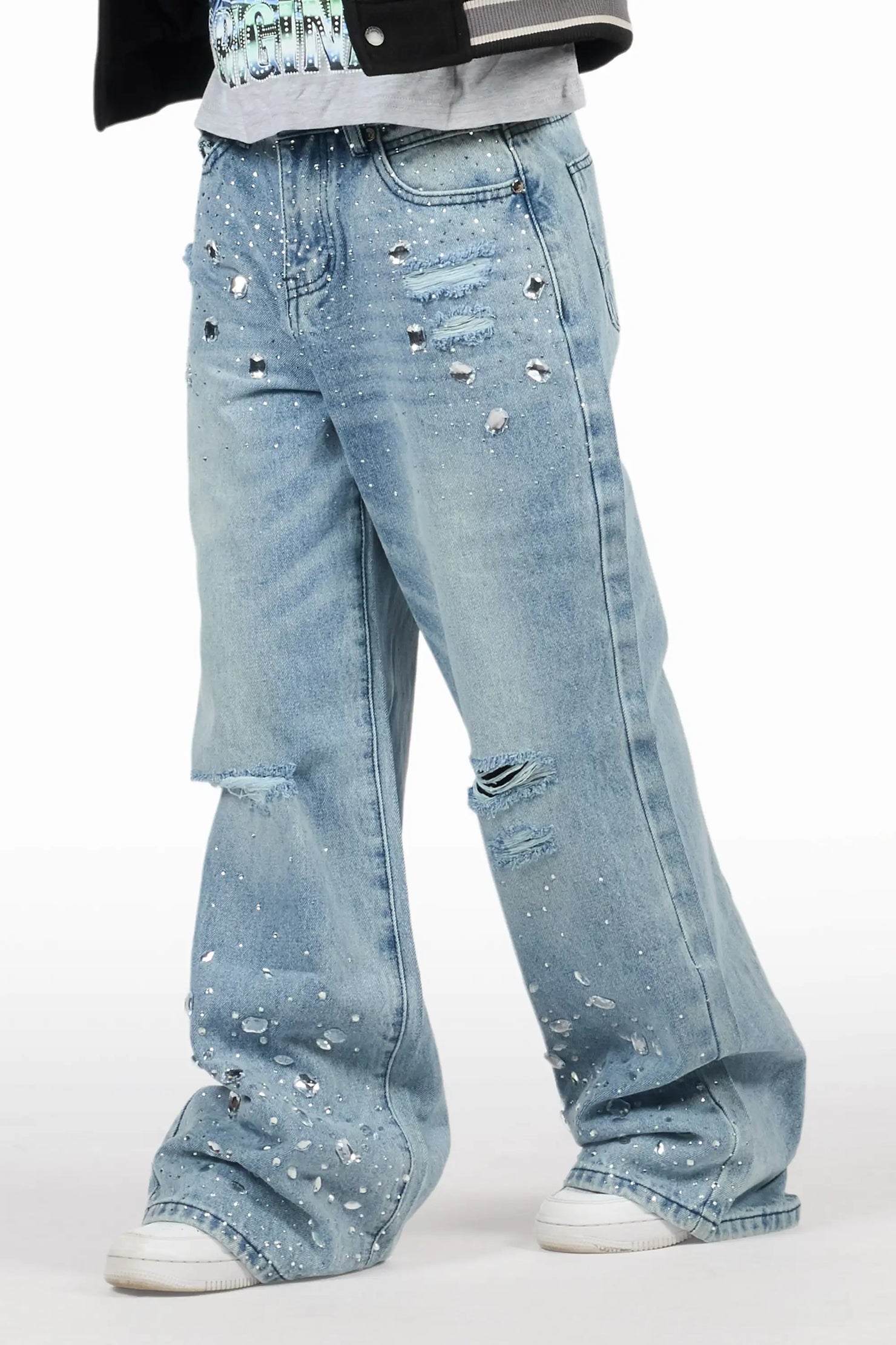Boys Glanz Rhinestone Light Blue Baggy Fit Jean