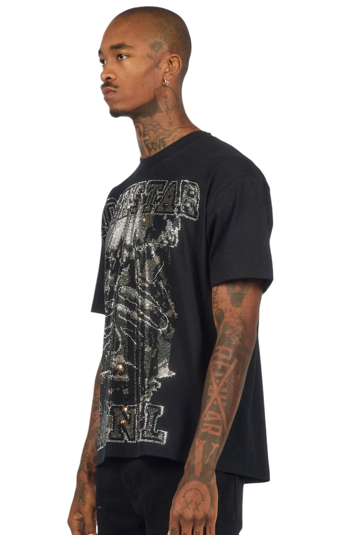 Move In Silence Black/Grey Graphic Rhinestone T-Shirt