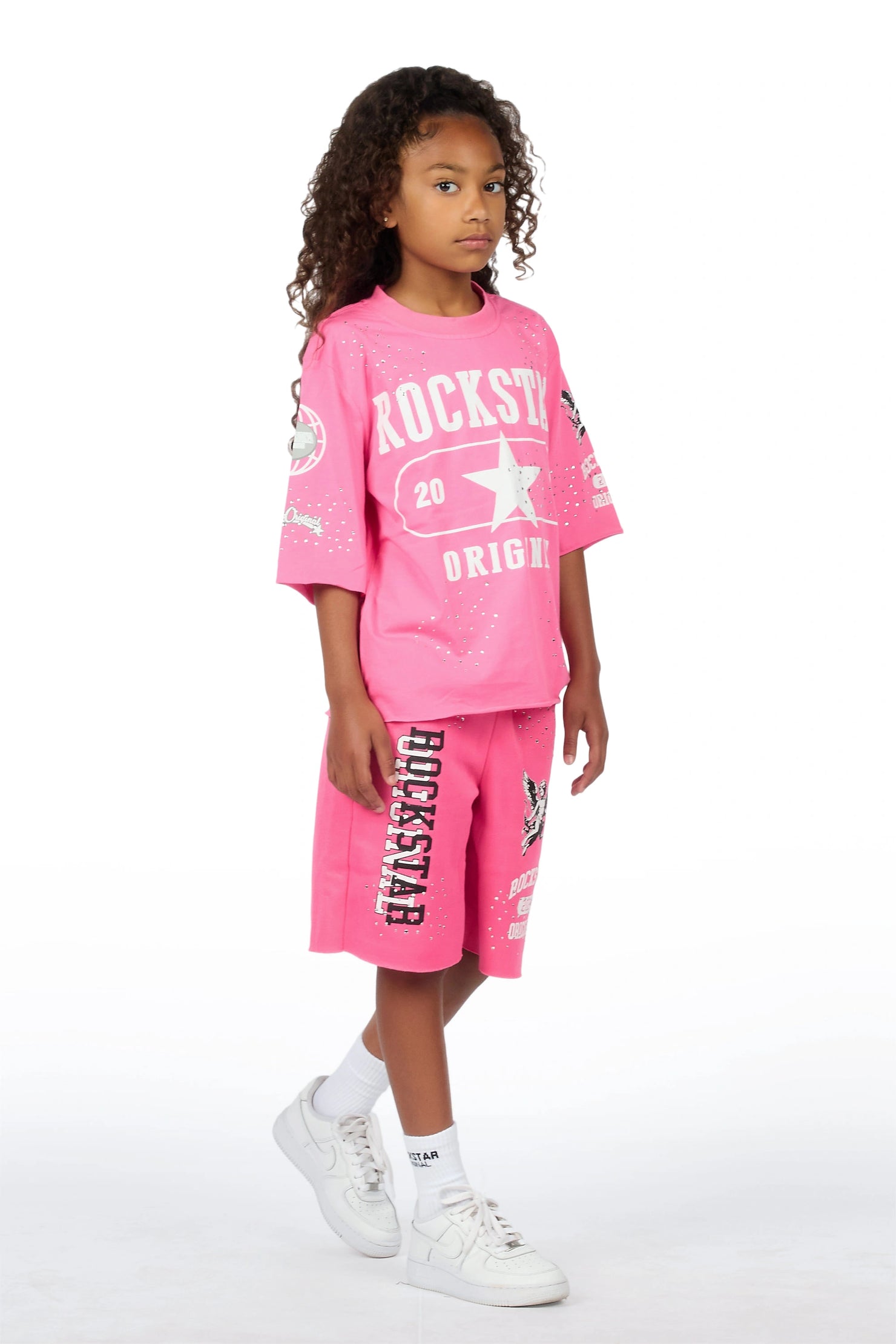 Girls Kyesha Hot Pink Rhinestone Boxy T-Shirt Short Set