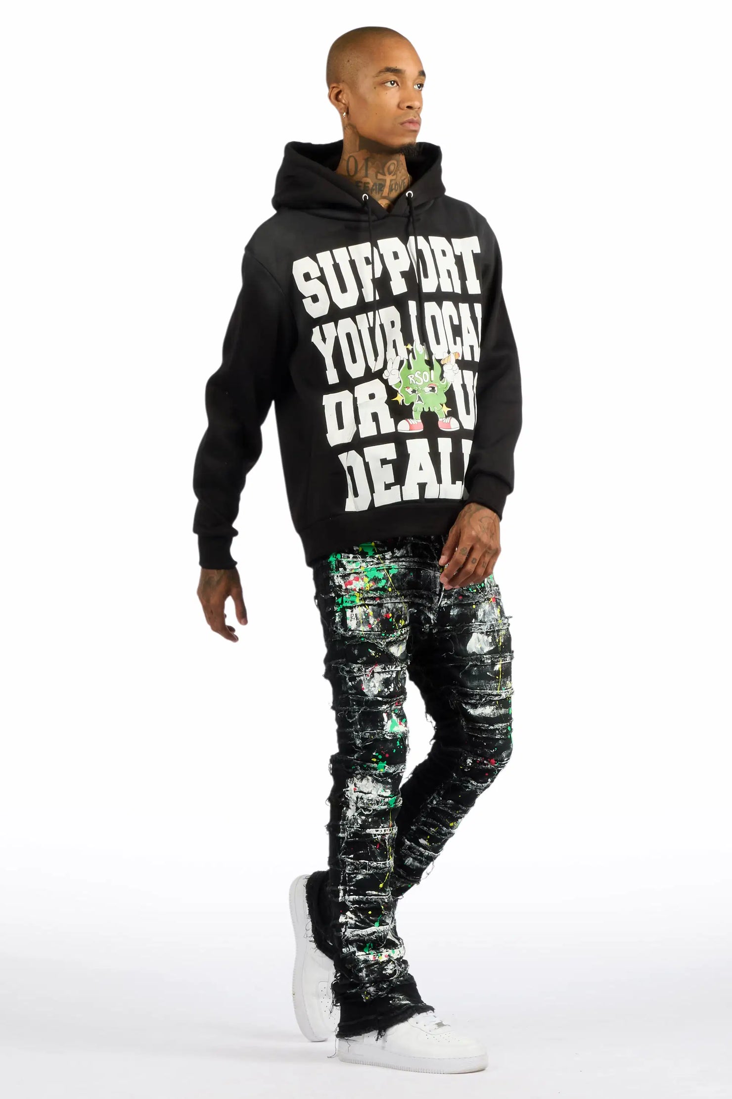 Tarl Black/Black Hoodie/Stacked Flare Jean Set