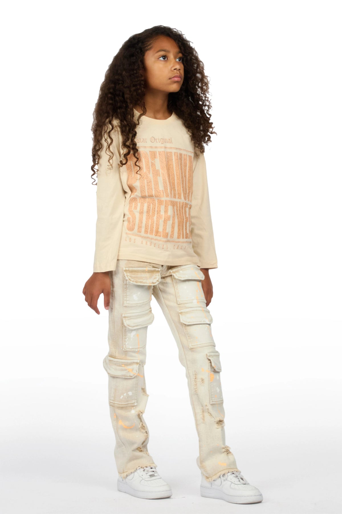 Girls Pluty Beige Long Sleeve T-Shirt Stacked Painter Jean Set