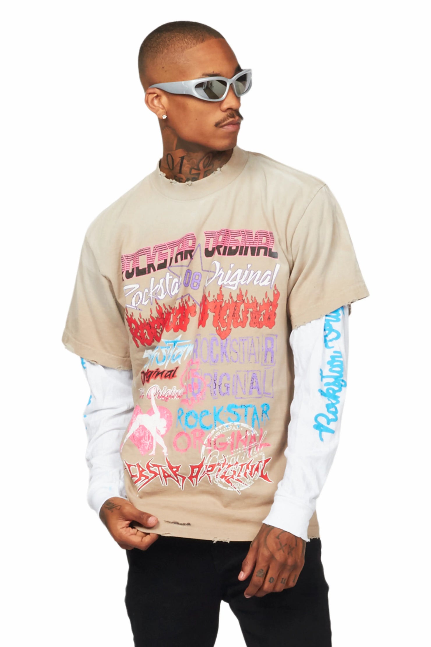 Floridabolous Beige/White Double Layer Long Sleeve Graphic T-Shirt