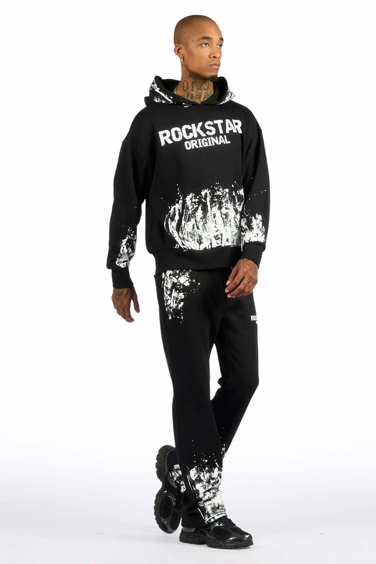 Hukon Black/White Hoodie Relaxed Track Set