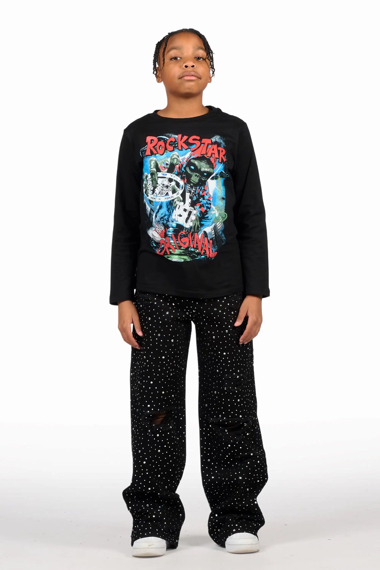 Boys Discolite Jet Black Rhinestone Baggy Jean