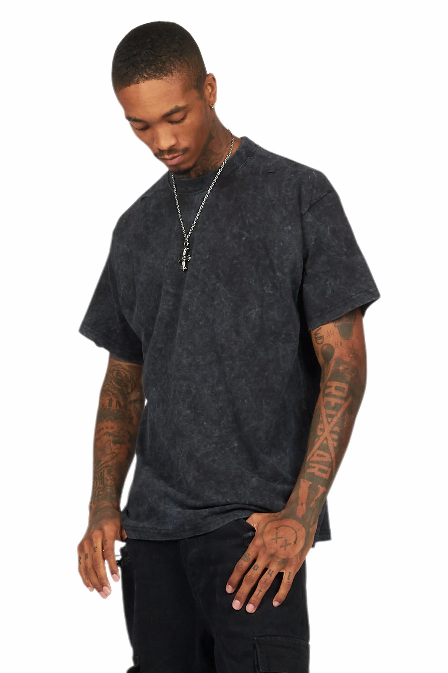 Basic Rockstar Vintage Black Oversized Distressed Plain T-Shirt