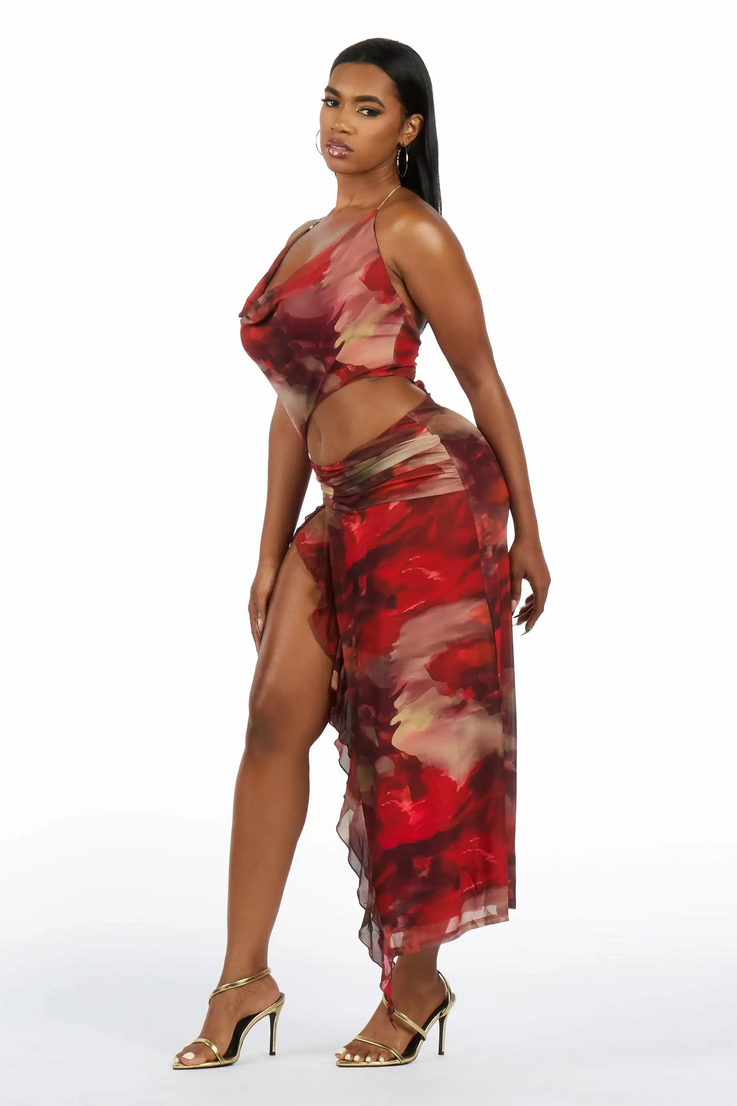 Over-Seas Red Cut-Out Maxi Print Dress
