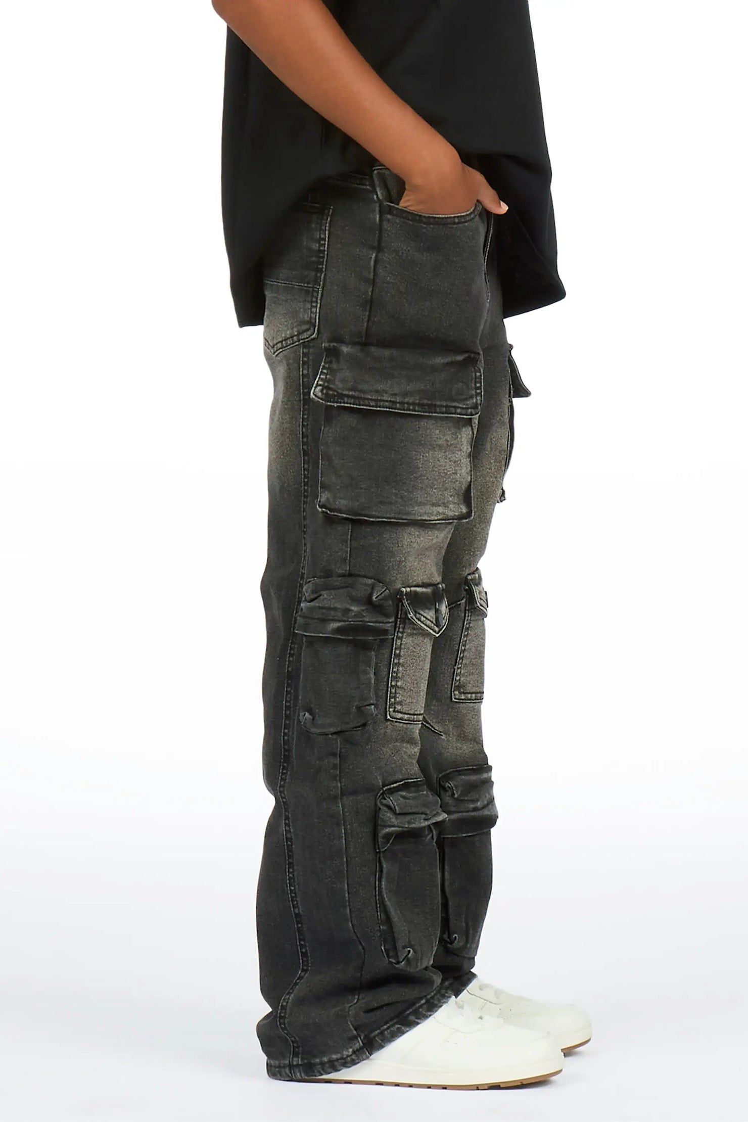Boys Mahesh Dark Grey Tint Wash  Baggy Cargo Jean