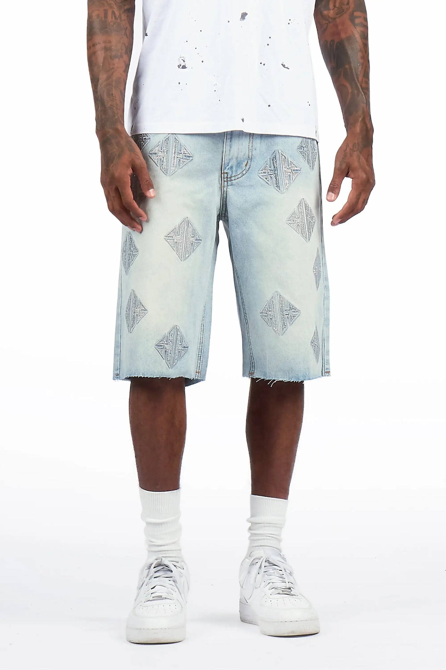 Demanuele Light Blue Rhinestones Denim Short