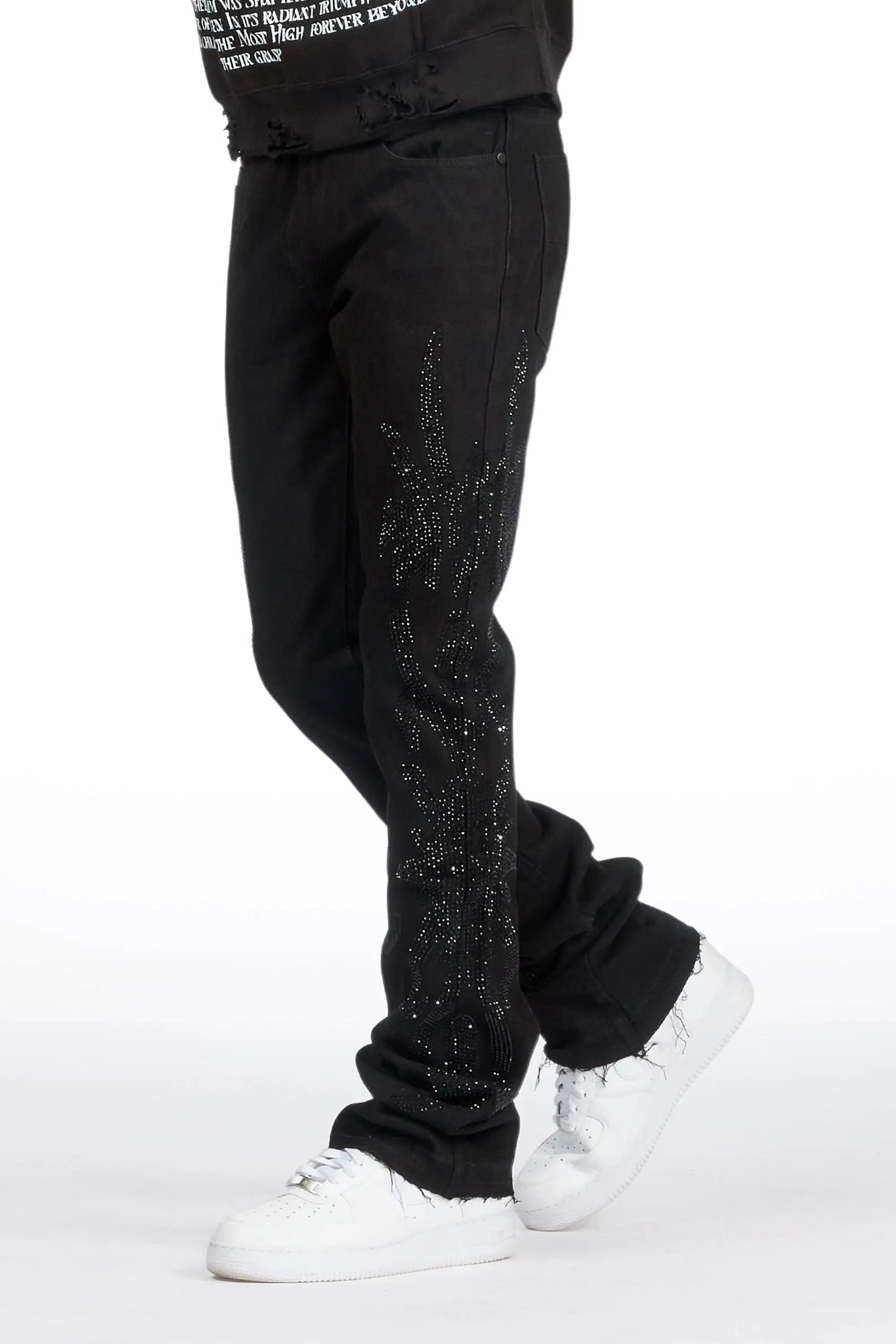 Shamaz Rhinestone Black Stacked Flare Jean