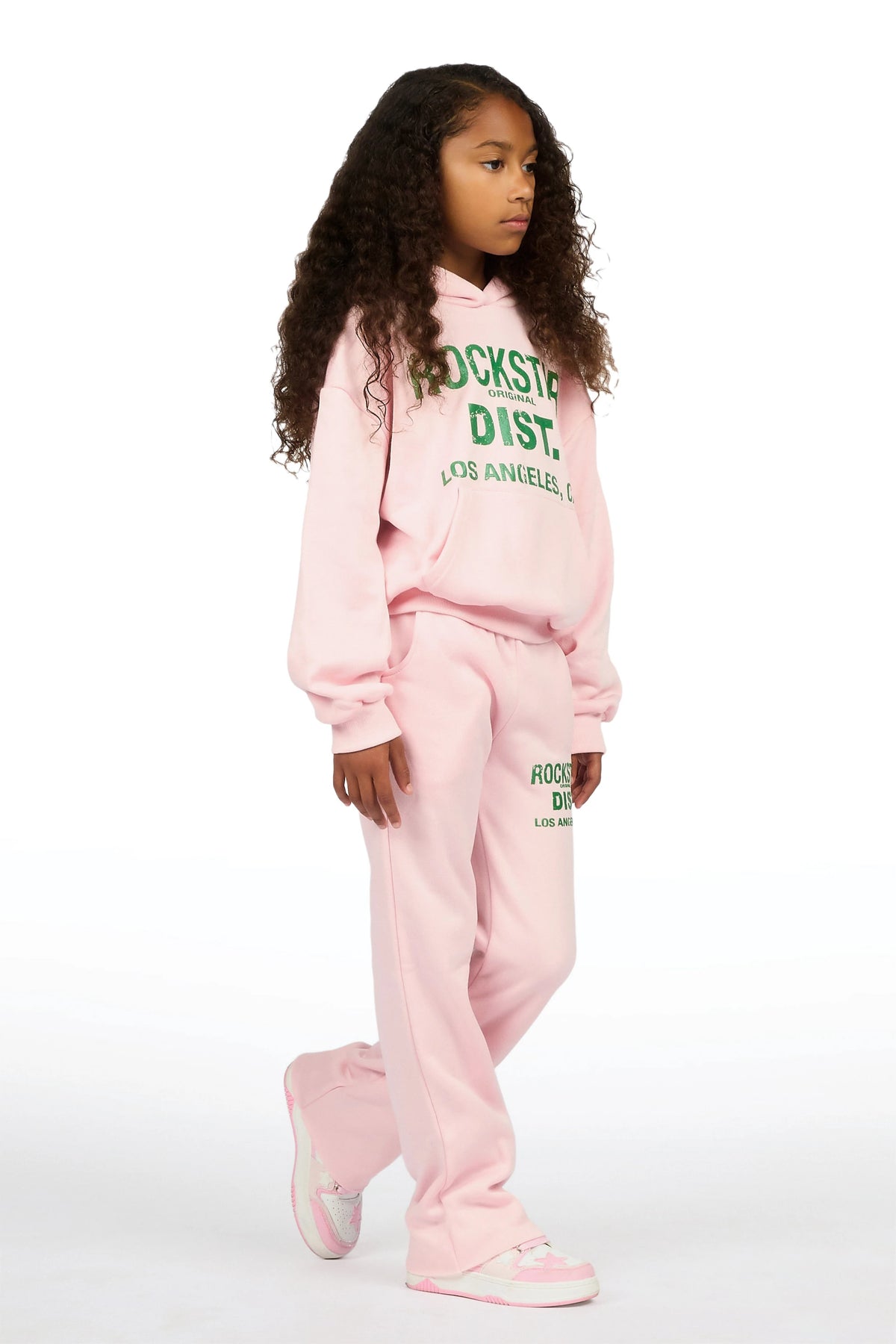 Girls Dalasia Light Pink/Green Hoodie/Stacked Flare Track Set