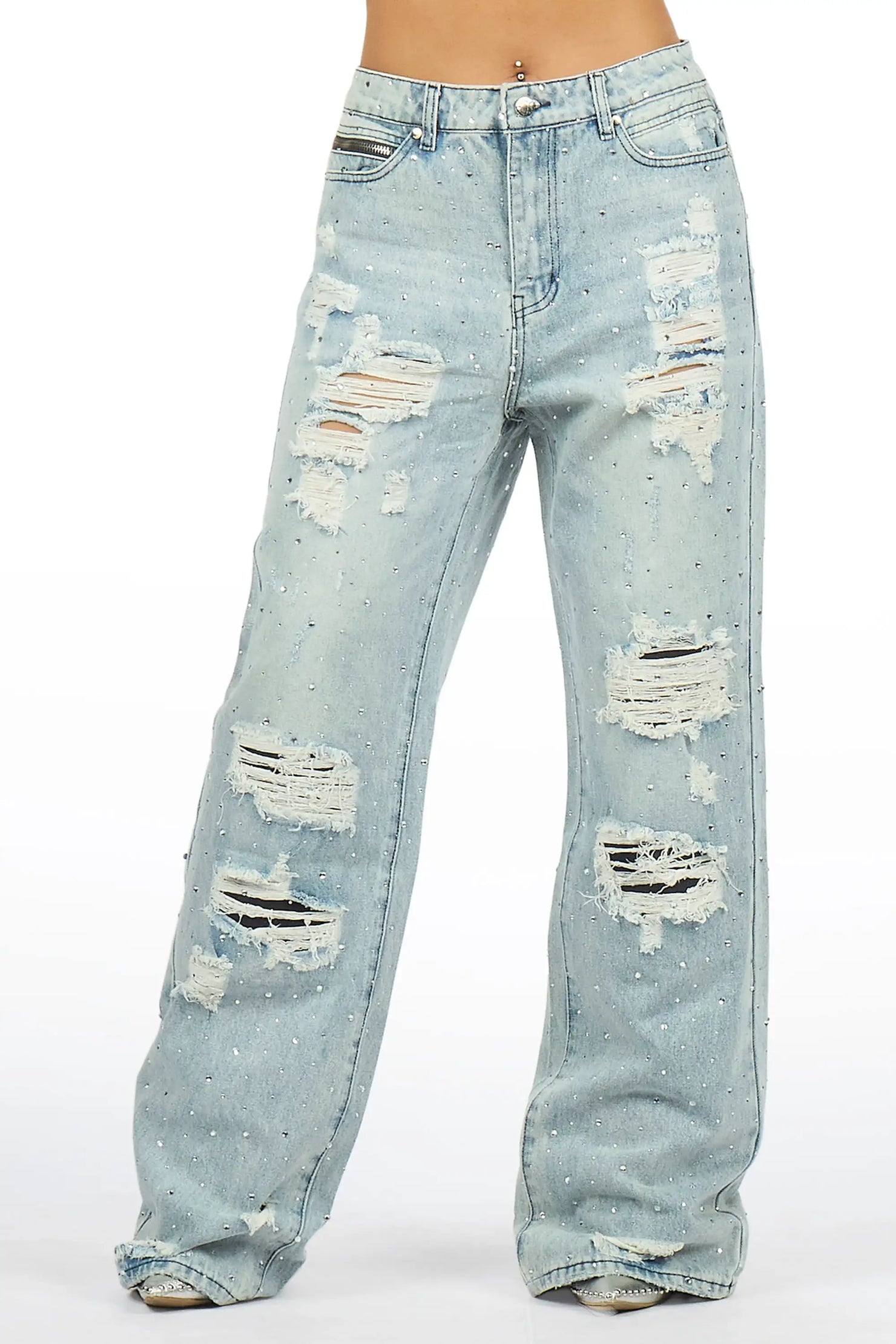 Amayah Light Wash Rhinestone Baggy Fit Jean