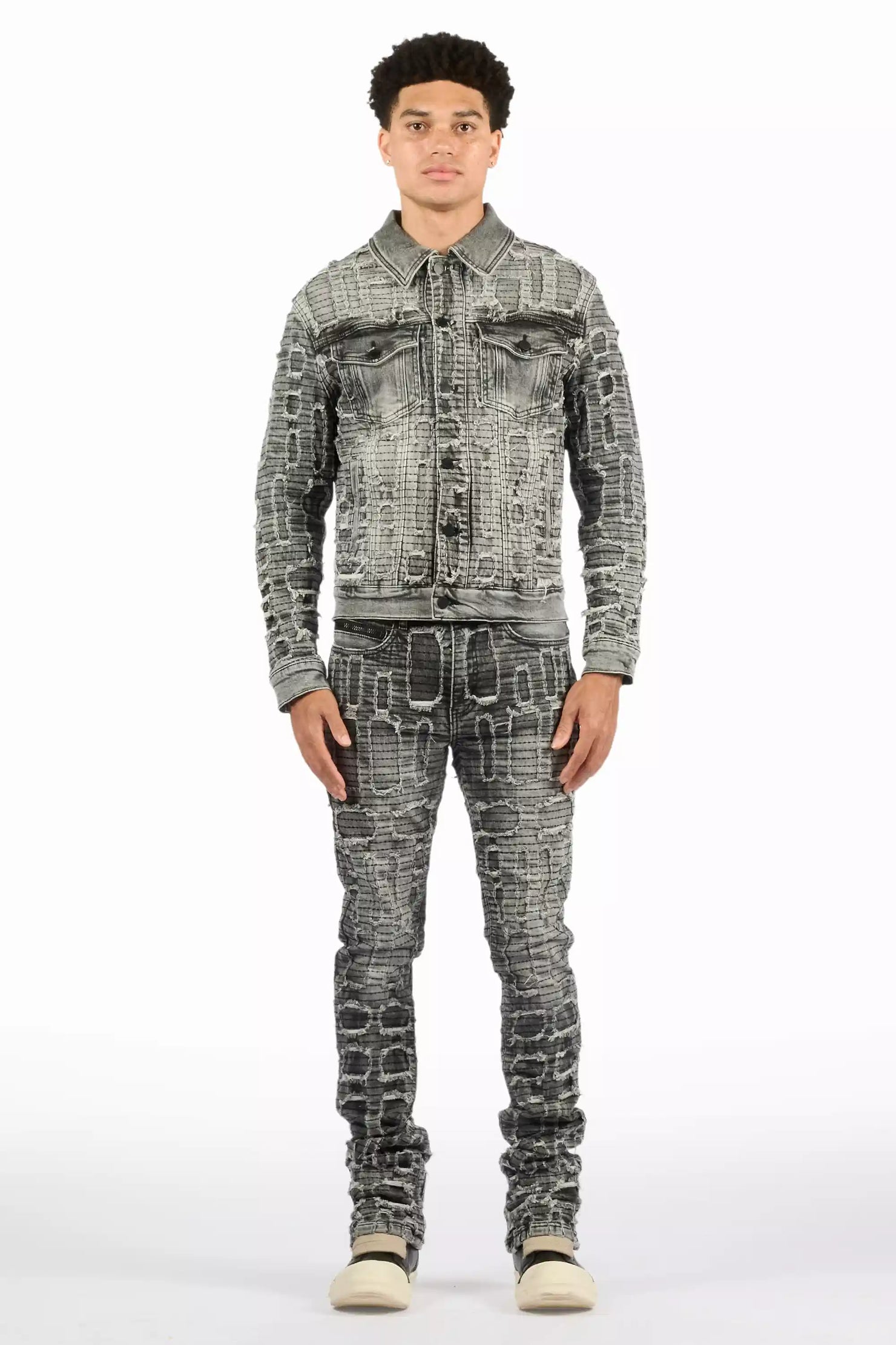 Gribo Grey Denim Jacket/Stacked Flare Jean Set