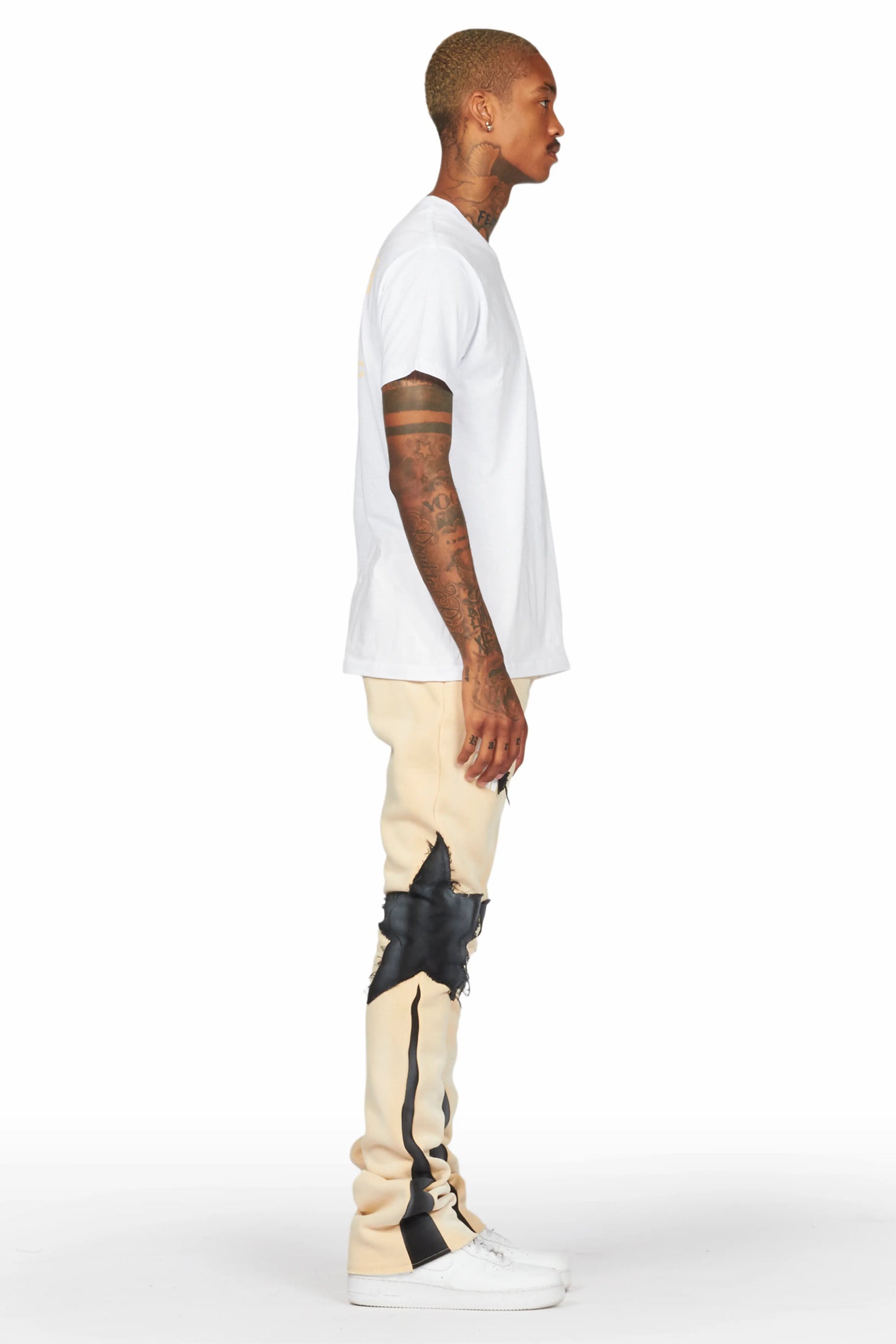 Capron Beige Patchwork Stacked Flare Pants
